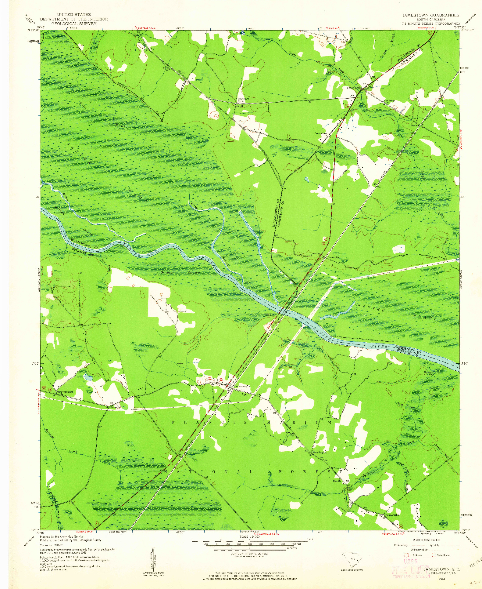 USGS 1:24000-SCALE QUADRANGLE FOR JAMESTOWN, SC 1943