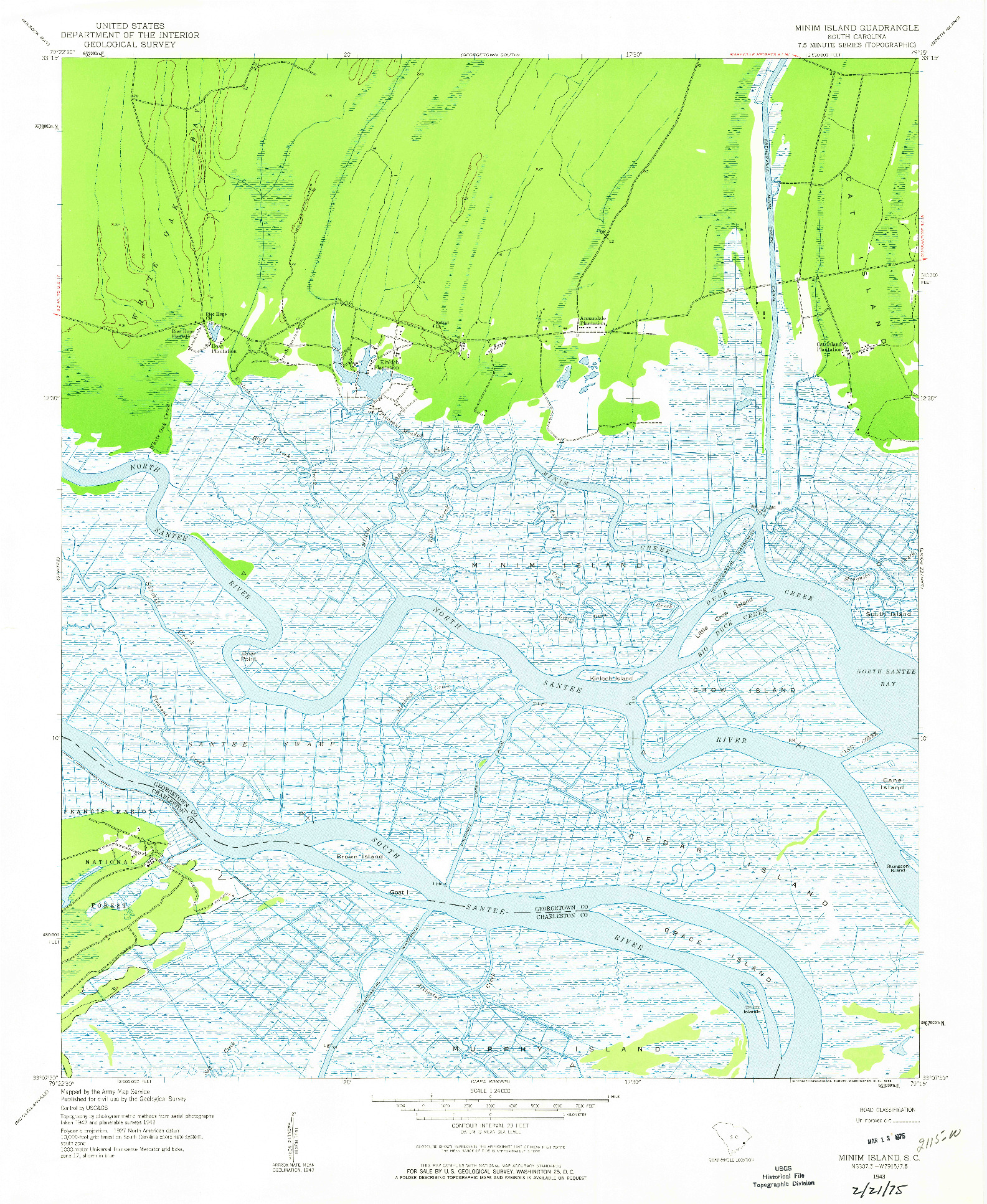 USGS 1:24000-SCALE QUADRANGLE FOR MINIM ISLAND, SC 1943