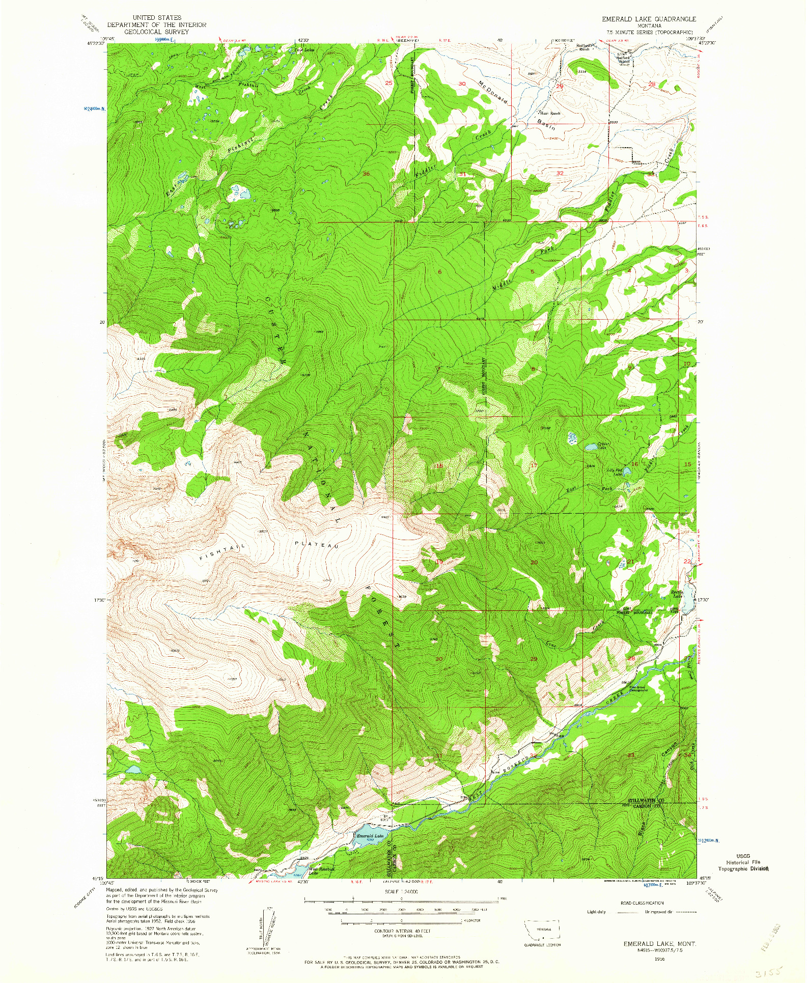 USGS 1:24000-SCALE QUADRANGLE FOR EMERALD LAKE, MT 1956