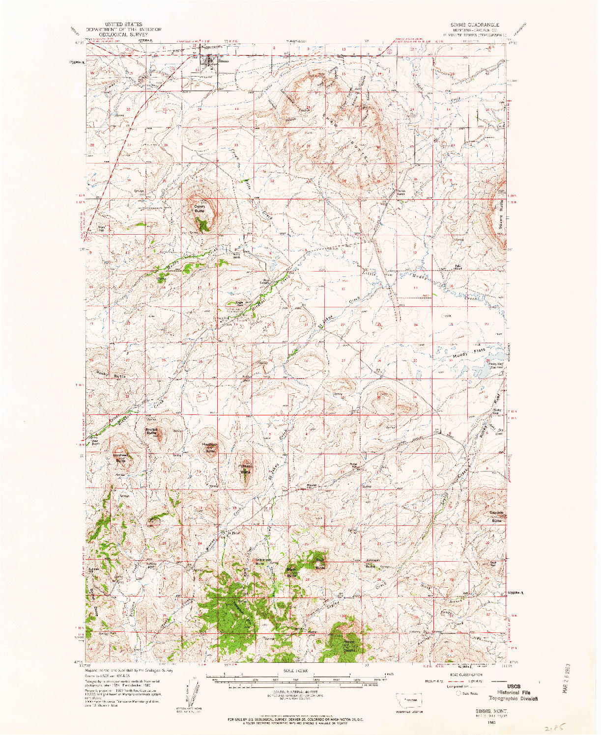 USGS 1:62500-SCALE QUADRANGLE FOR SIMMS, MT 1960