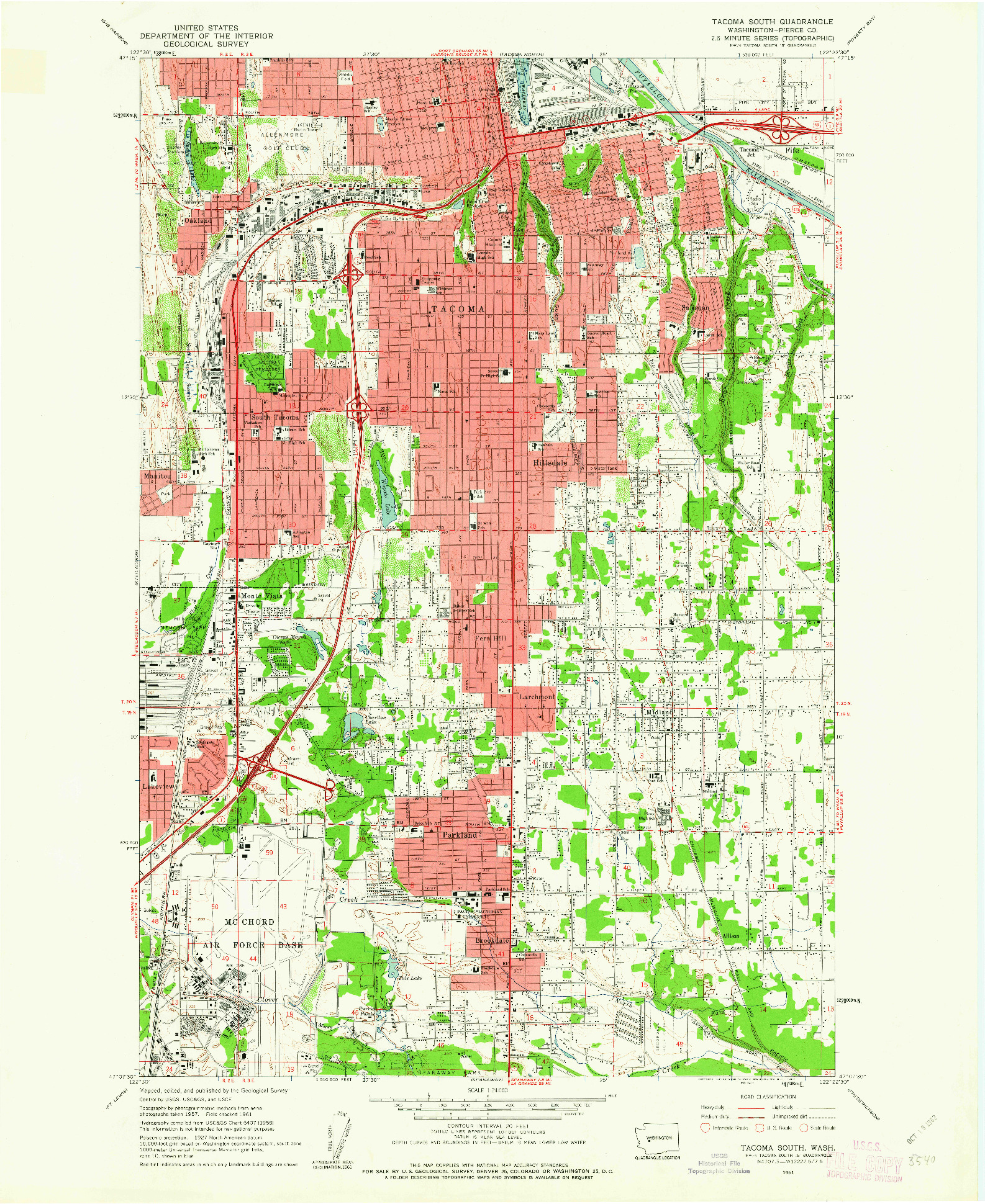 USGS 1:24000-SCALE QUADRANGLE FOR TACOMA SOUTH, WA 1961