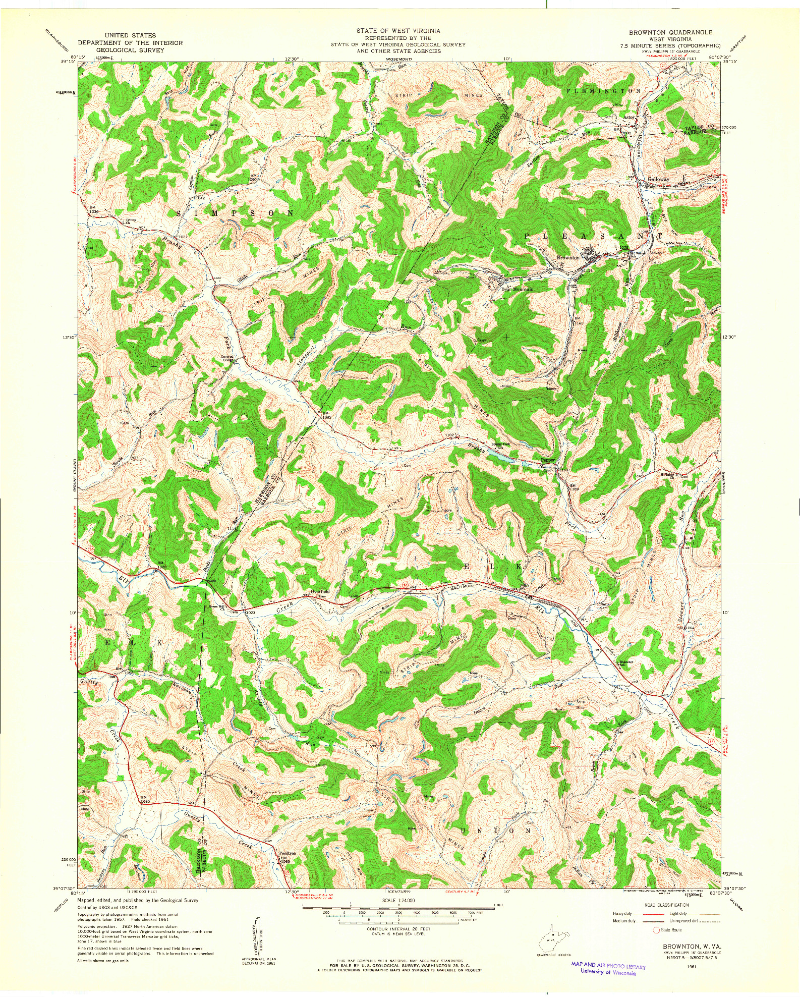 USGS 1:24000-SCALE QUADRANGLE FOR BROWNTON, WV 1961