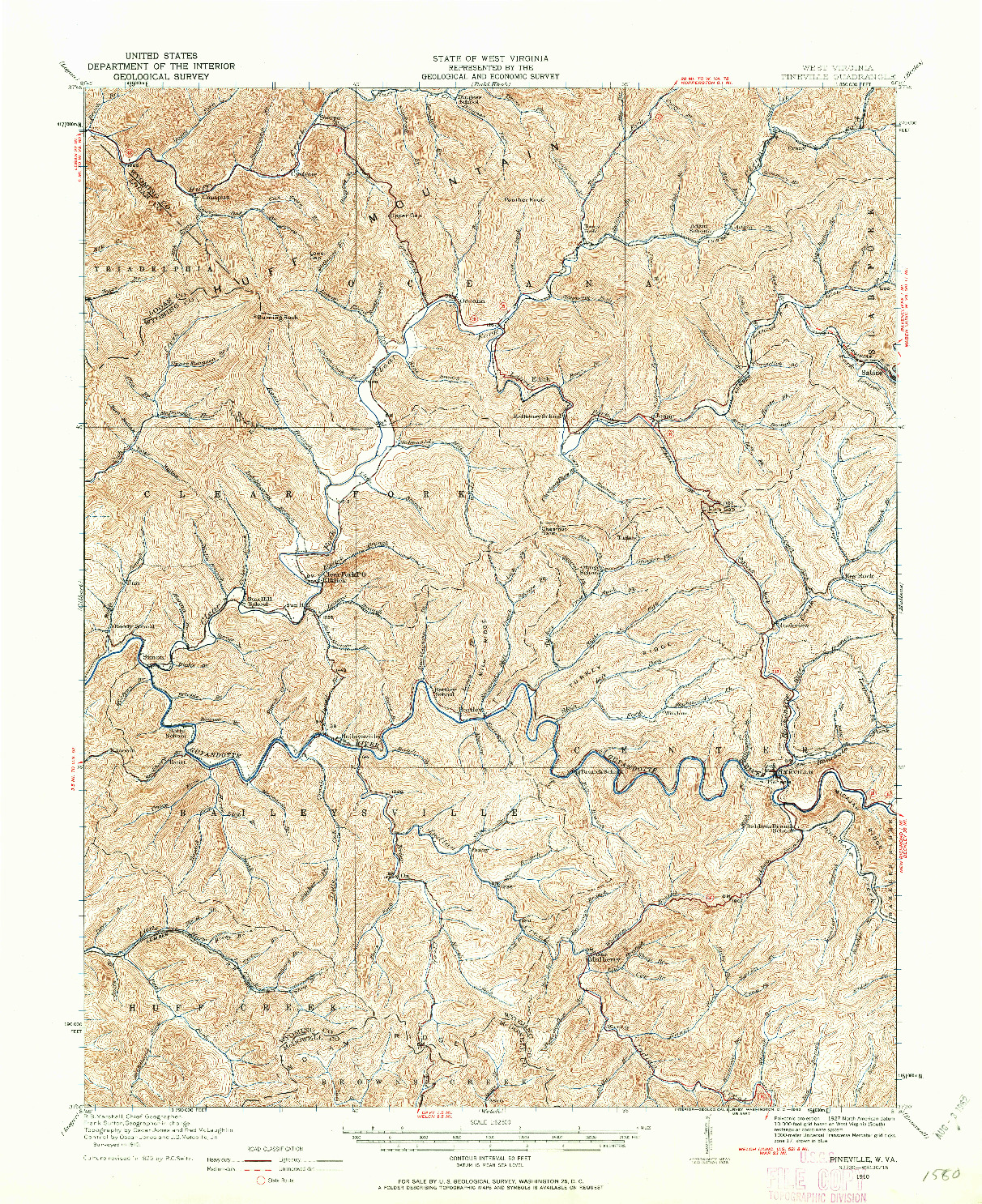 USGS 1:62500-SCALE QUADRANGLE FOR PINEVILLE, WV 1910