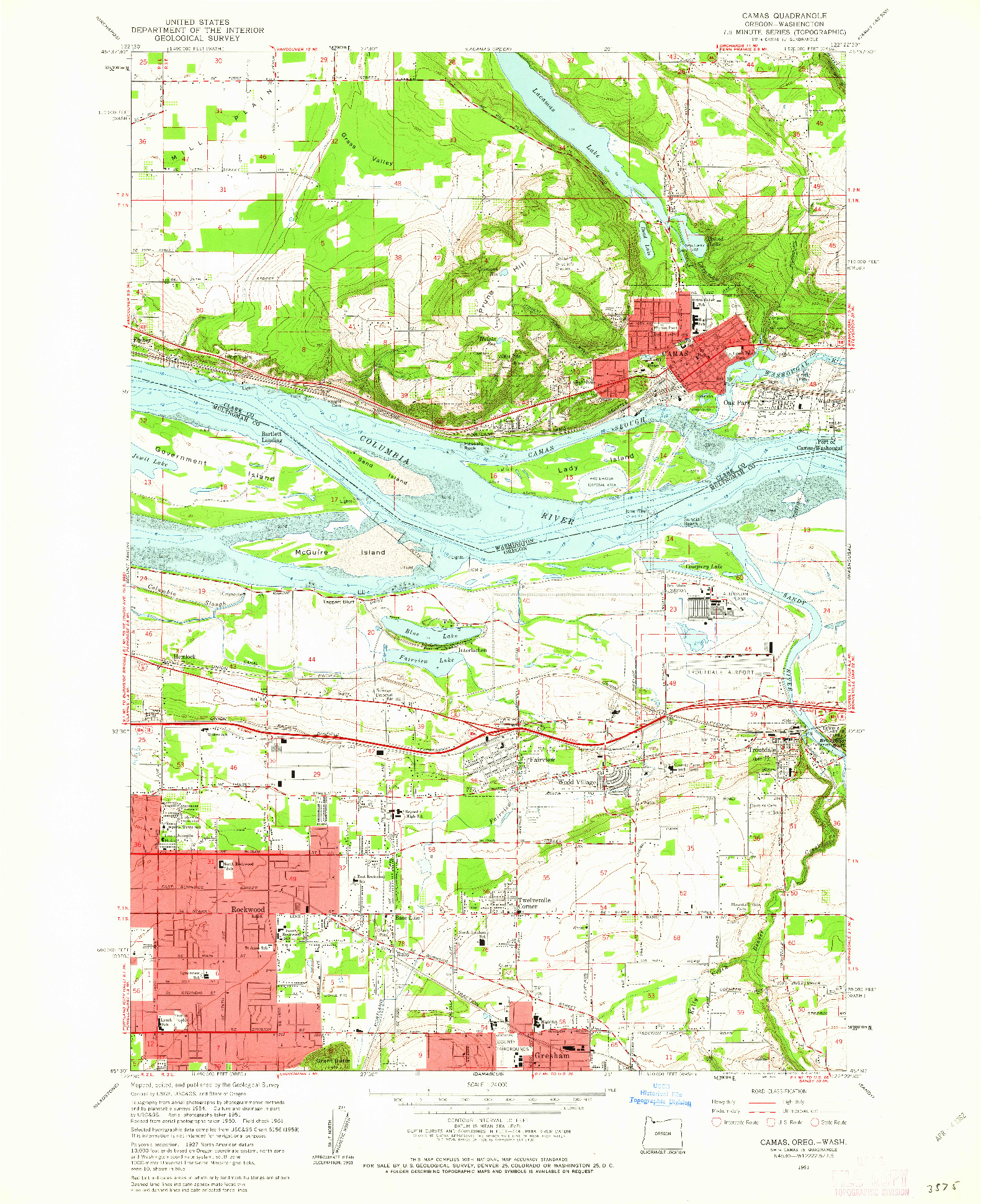 USGS 1:24000-SCALE QUADRANGLE FOR CAMAS, OR 1961