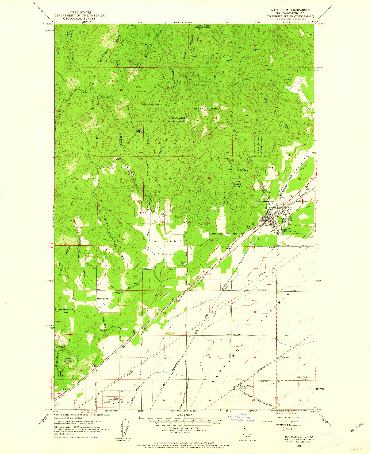 USGS 1:24000-SCALE QUADRANGLE FOR RATHDRUM, ID 1961