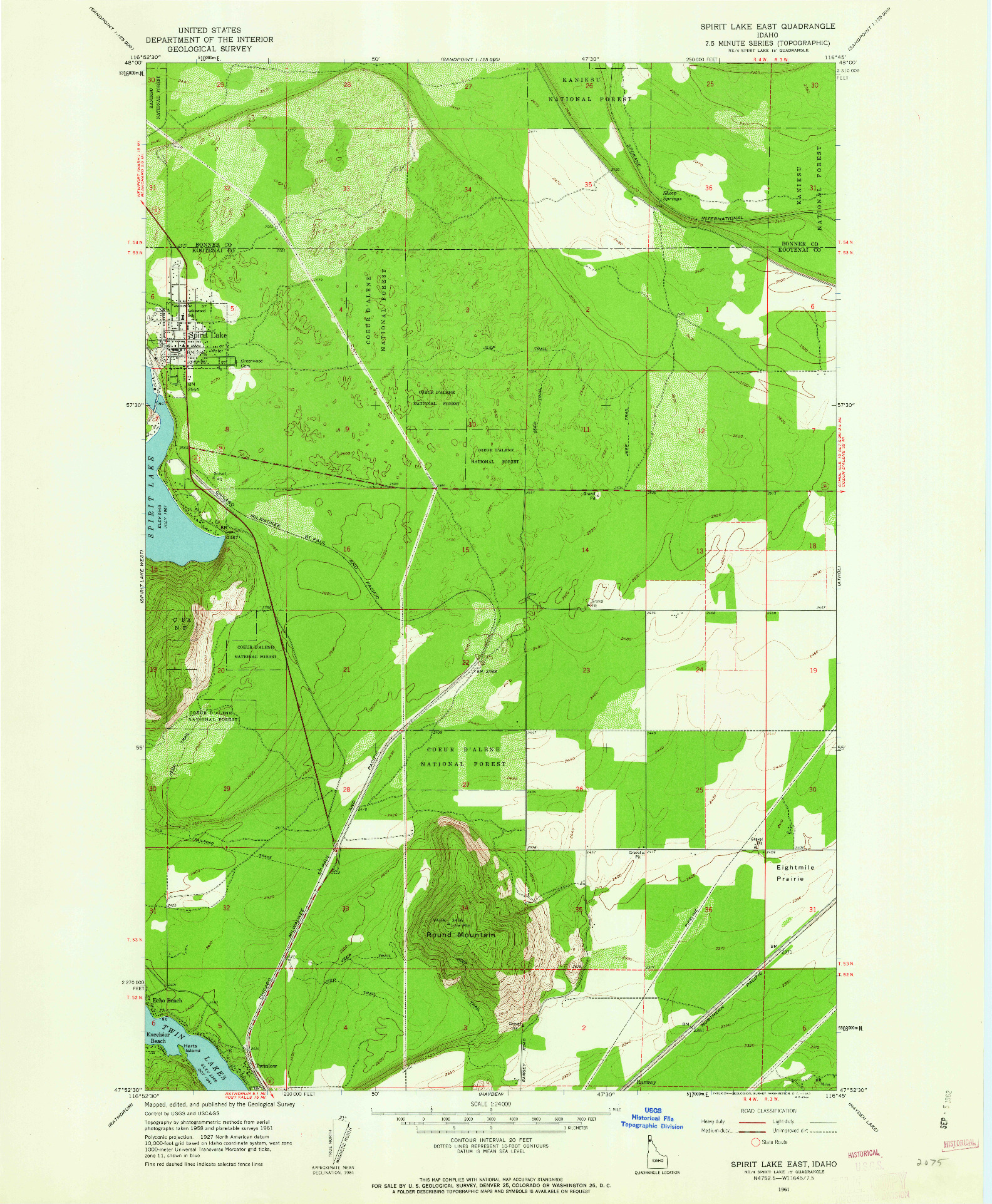 USGS 1:24000-SCALE QUADRANGLE FOR SPIRIT LAKE EAST, ID 1961