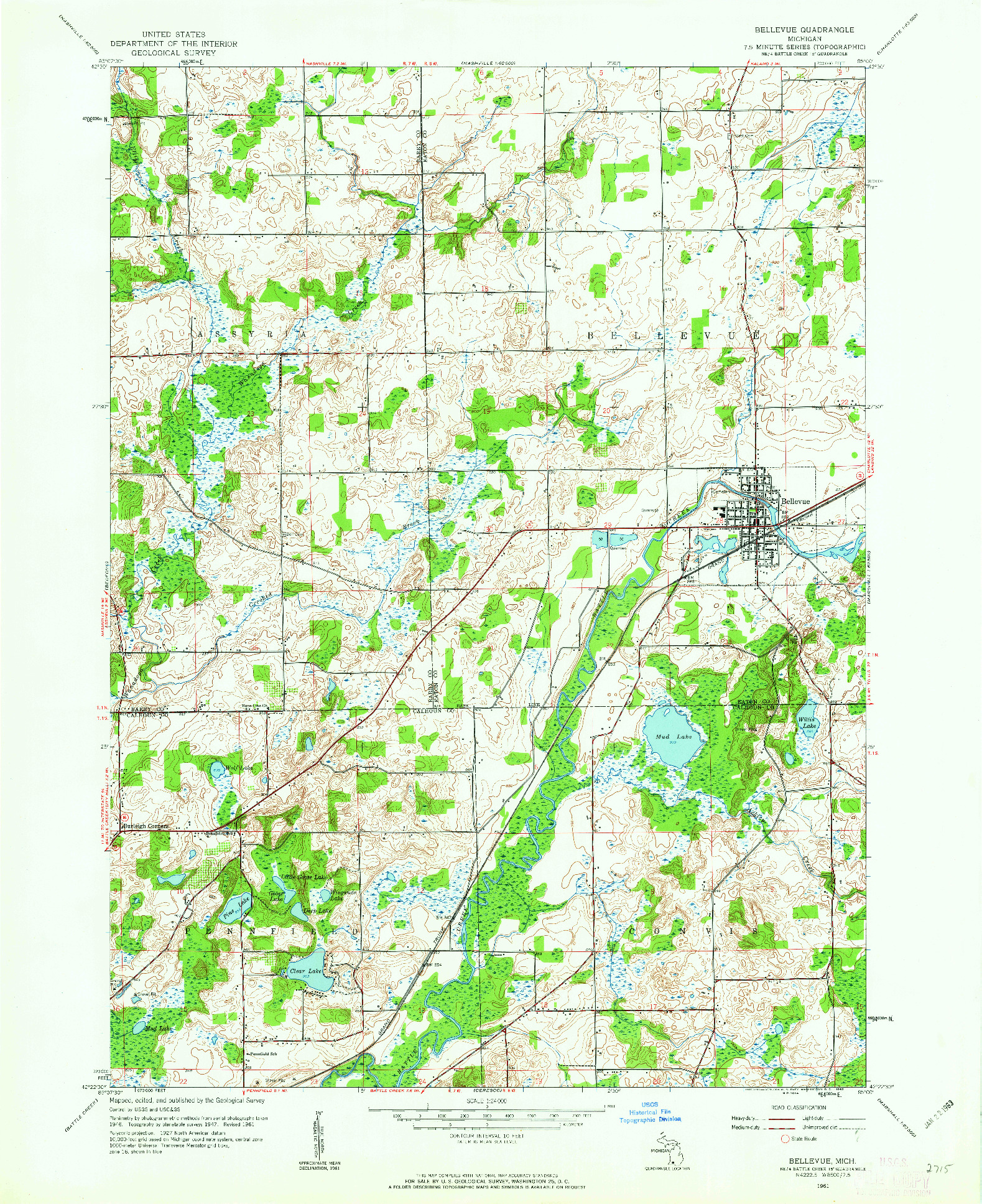 USGS 1:24000-SCALE QUADRANGLE FOR BELLEVUE, MI 1961