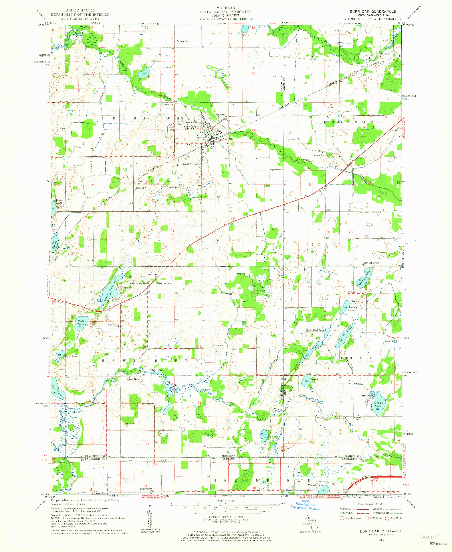 USGS 1:24000-SCALE QUADRANGLE FOR BURR OAK, MI 1961