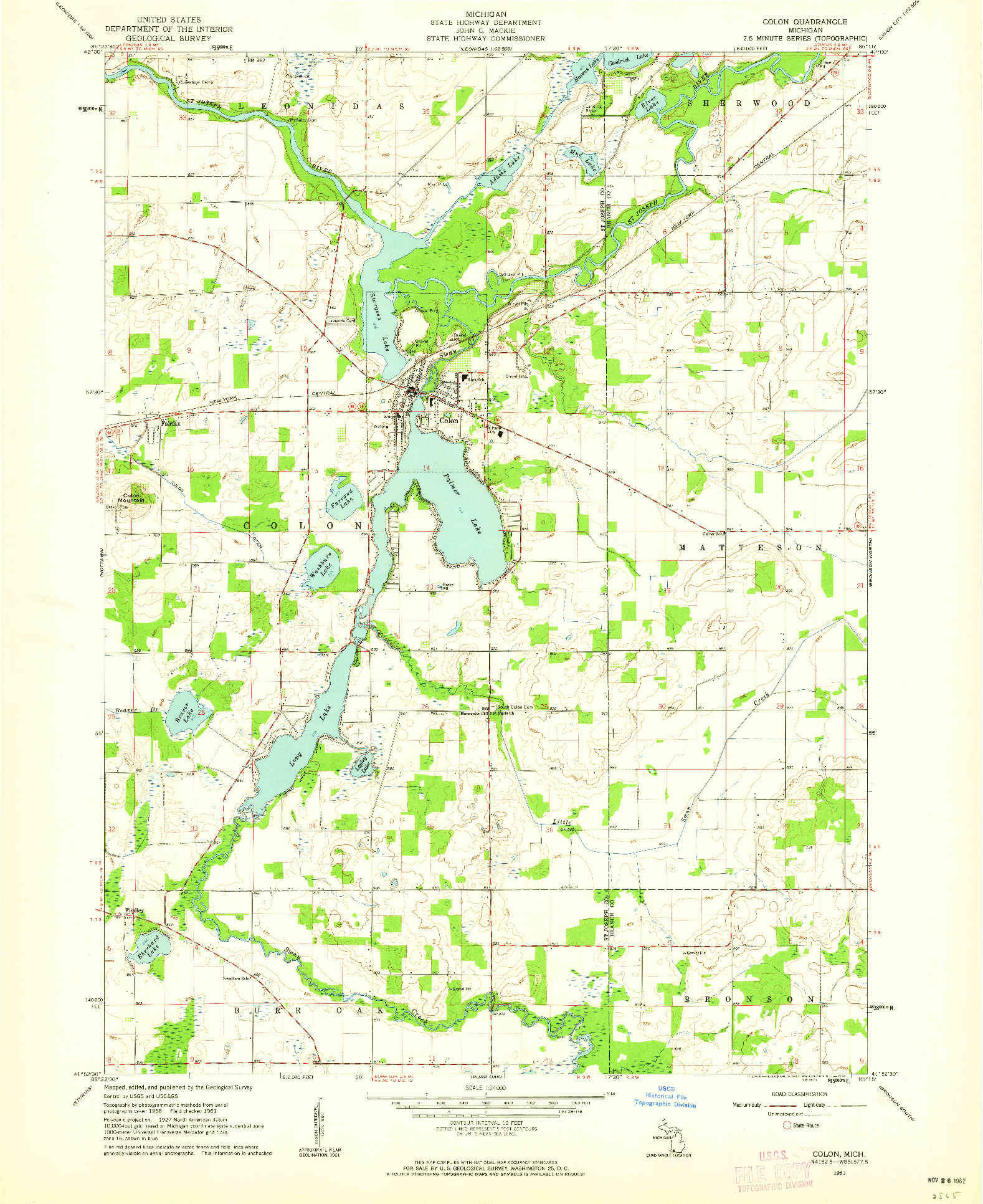 USGS 1:24000-SCALE QUADRANGLE FOR COLON, MI 1961