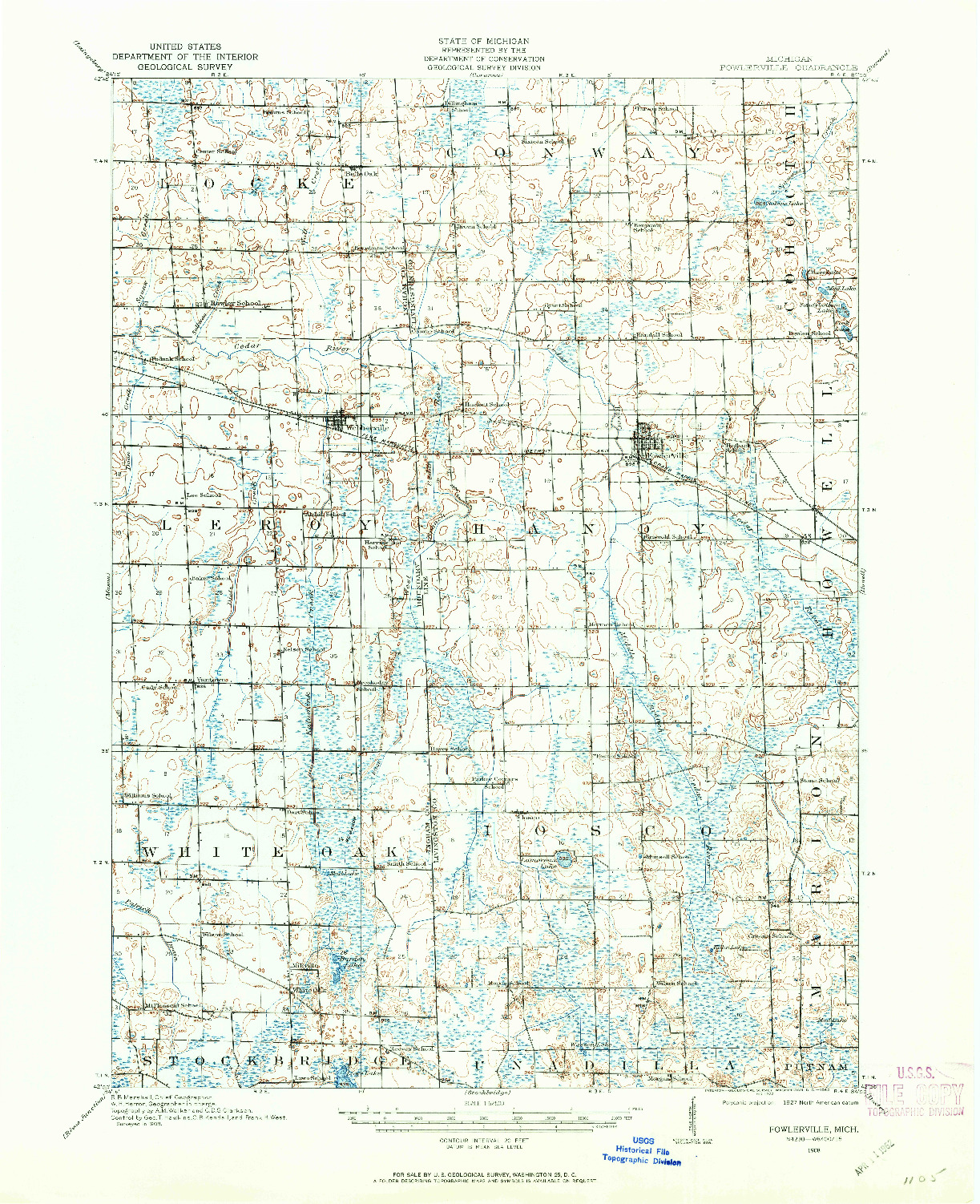USGS 1:62500-SCALE QUADRANGLE FOR FOWLERVILLE, MI 1908