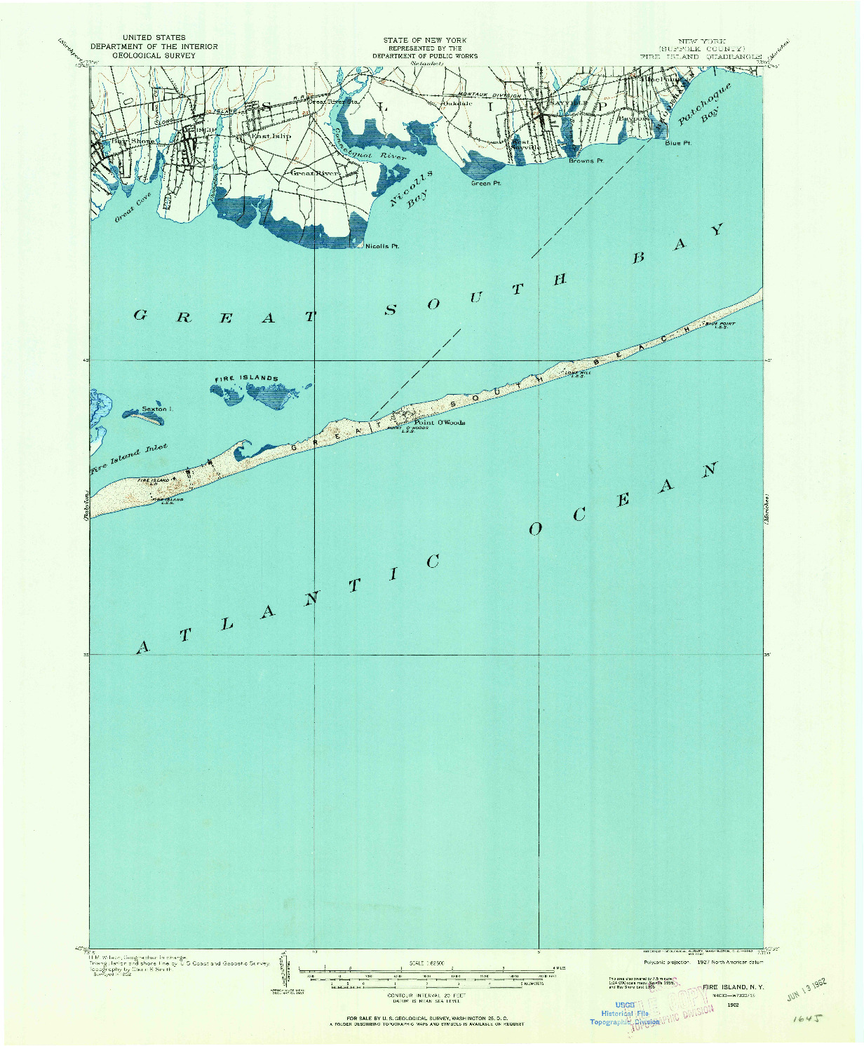 USGS 1:62500-SCALE QUADRANGLE FOR FIRE ISLAND, NY 1902