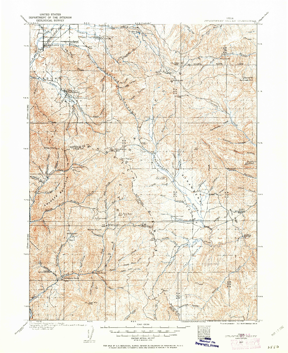 USGS 1:125000-SCALE QUADRANGLE FOR STRAWBERRY VALLEY, UT 1907