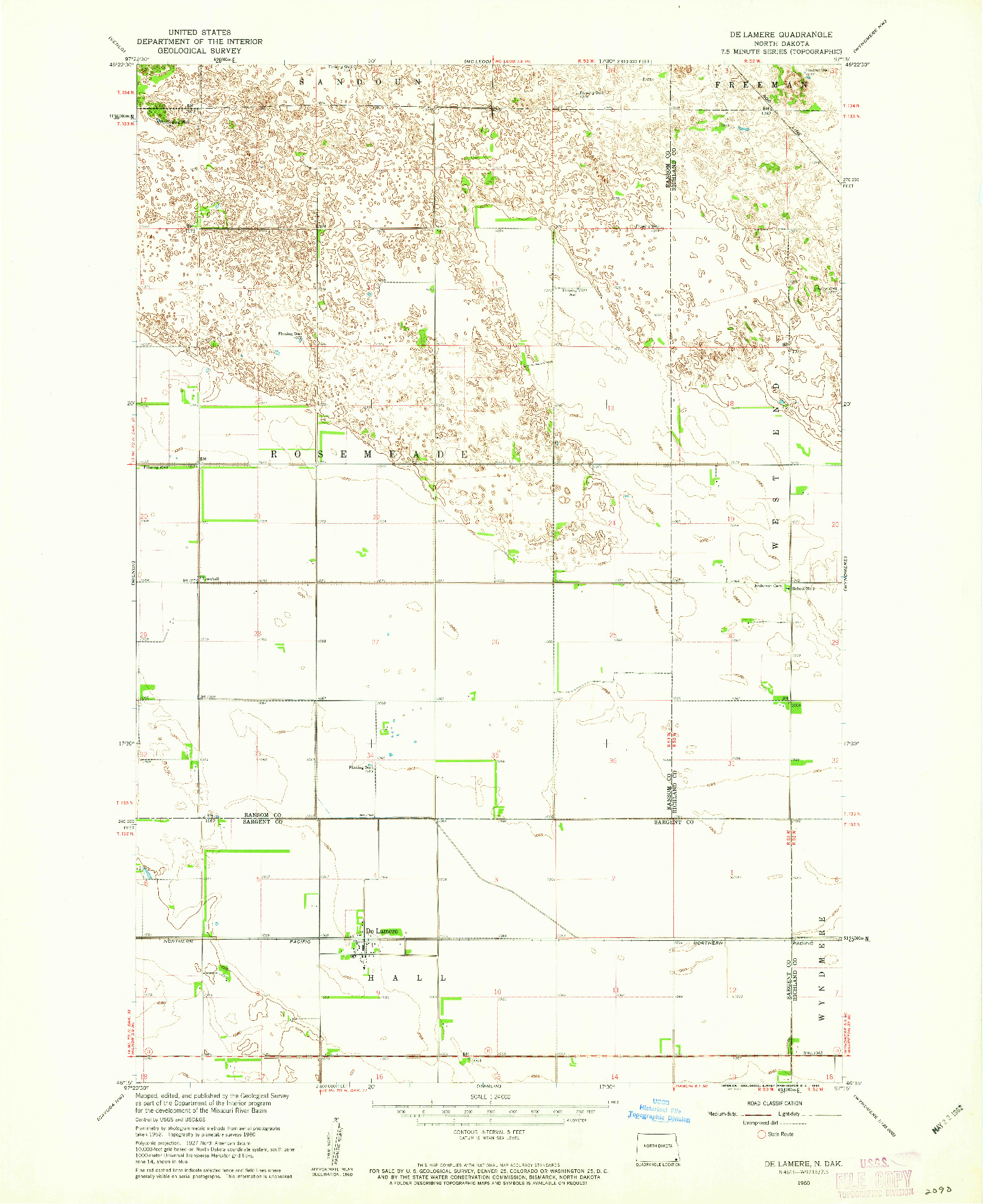 USGS 1:24000-SCALE QUADRANGLE FOR DE LAMERE, ND 1960