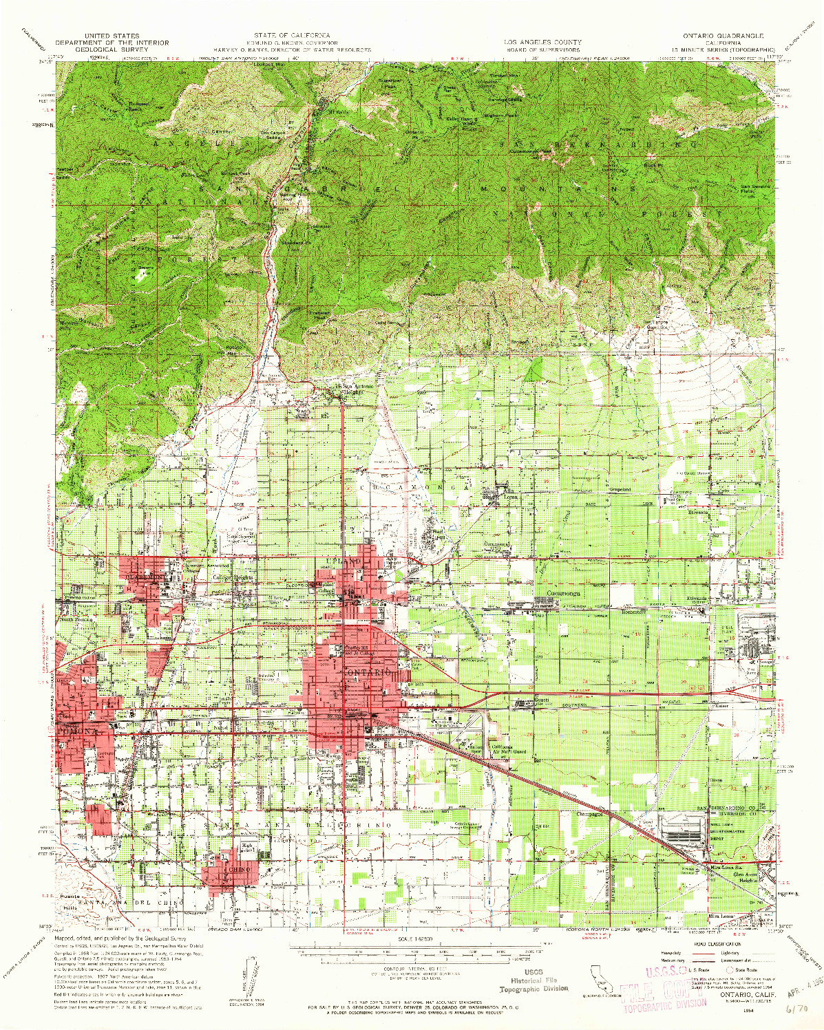 USGS 1:62500-SCALE QUADRANGLE FOR ONTARIO, CA 1954