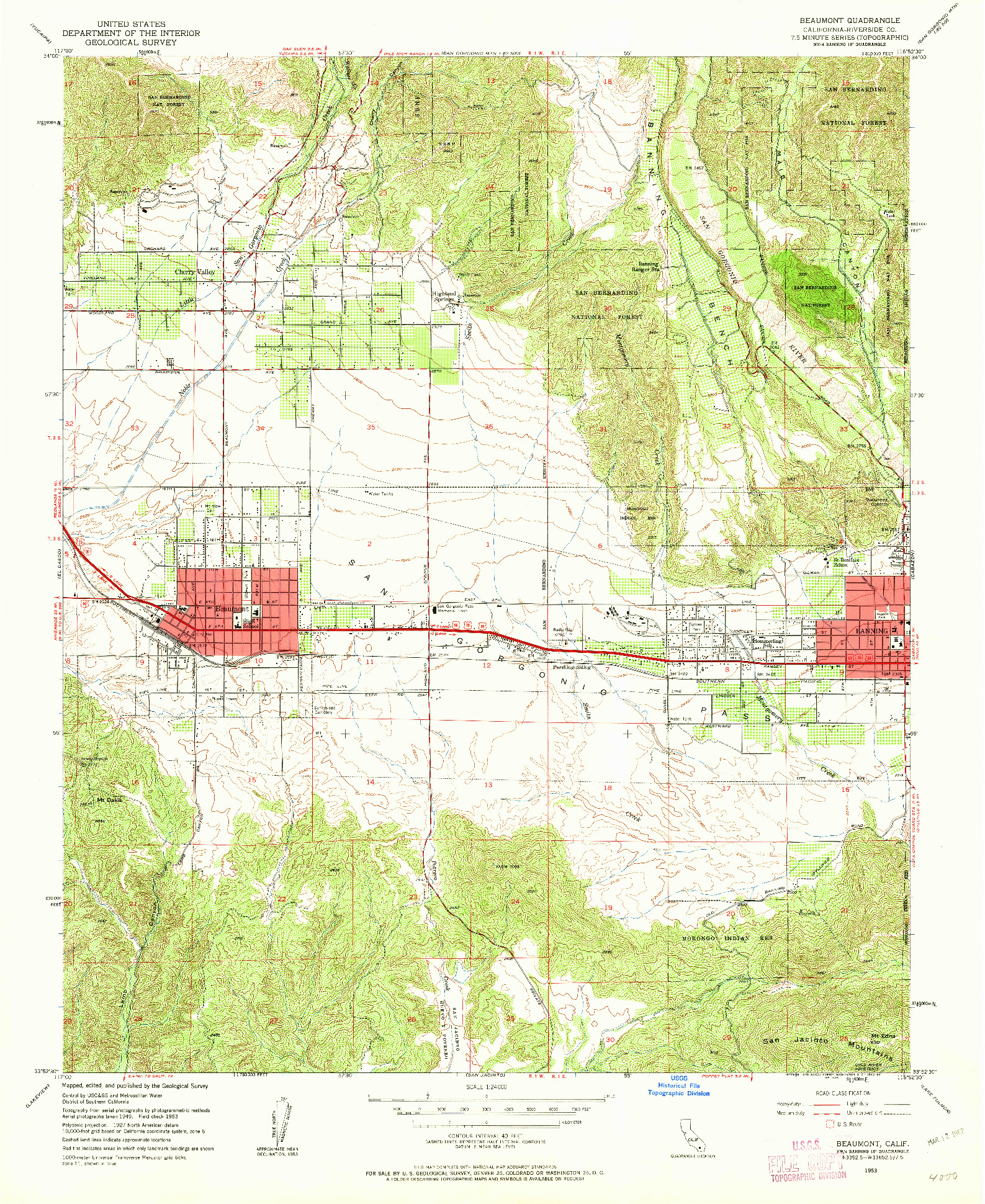 USGS 1:24000-SCALE QUADRANGLE FOR BEAUMONT, CA 1953