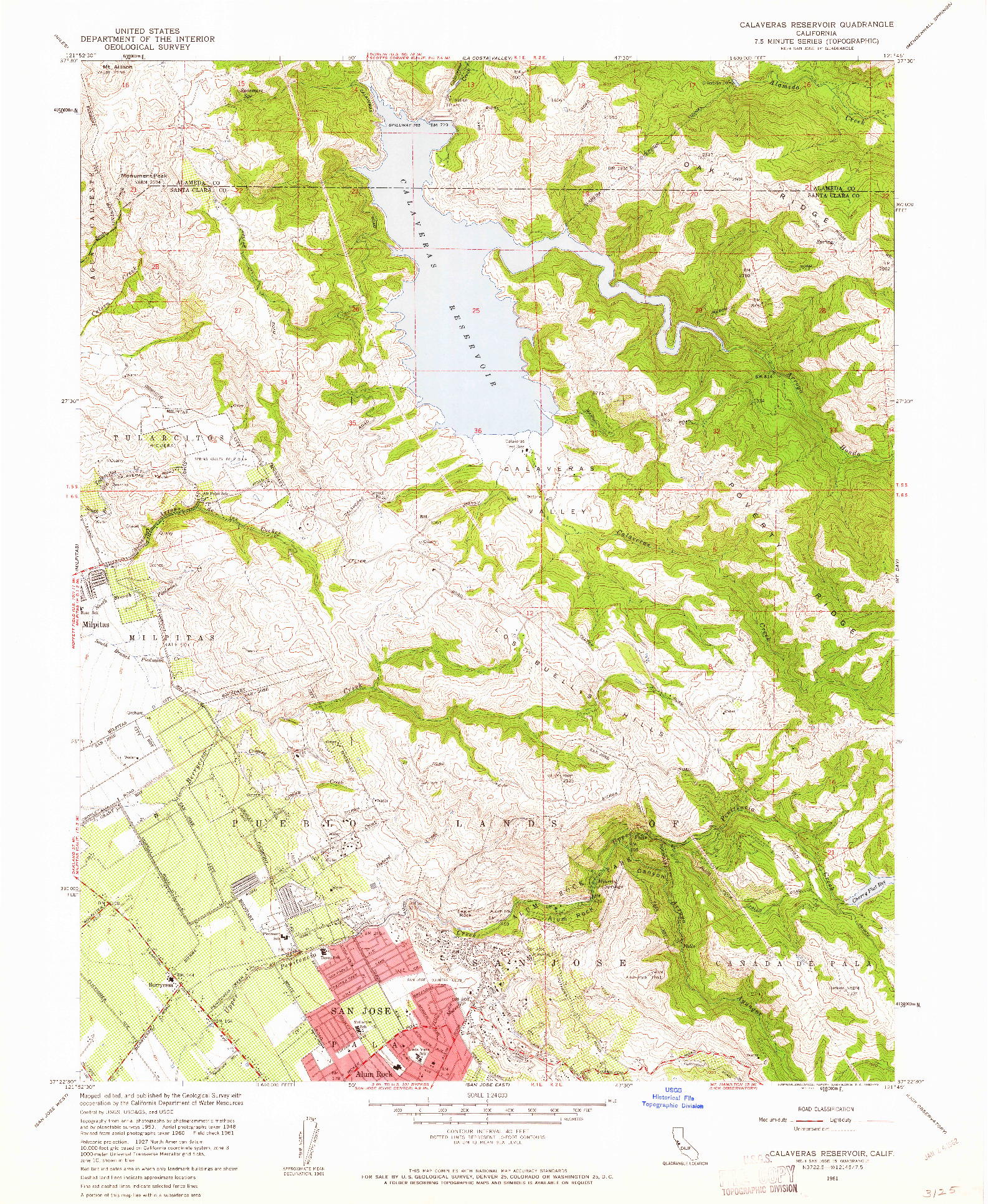 USGS 1:24000-SCALE QUADRANGLE FOR CALAVERAS RESERVOIR, CA 1961