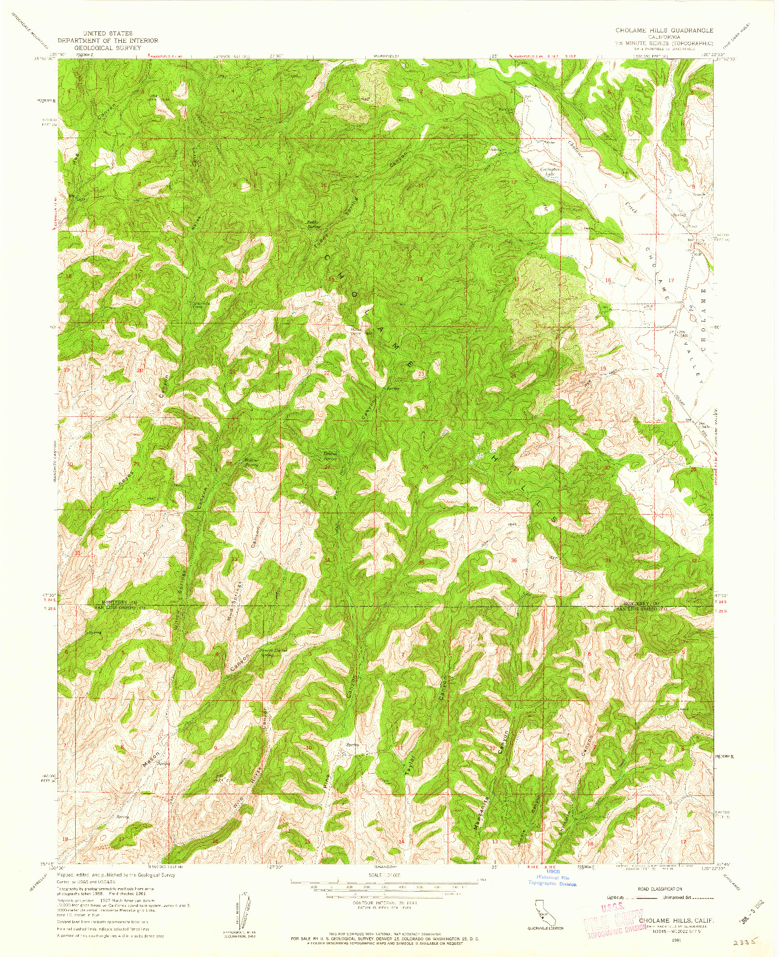 USGS 1:24000-SCALE QUADRANGLE FOR CHOLAME HILLS, CA 1961