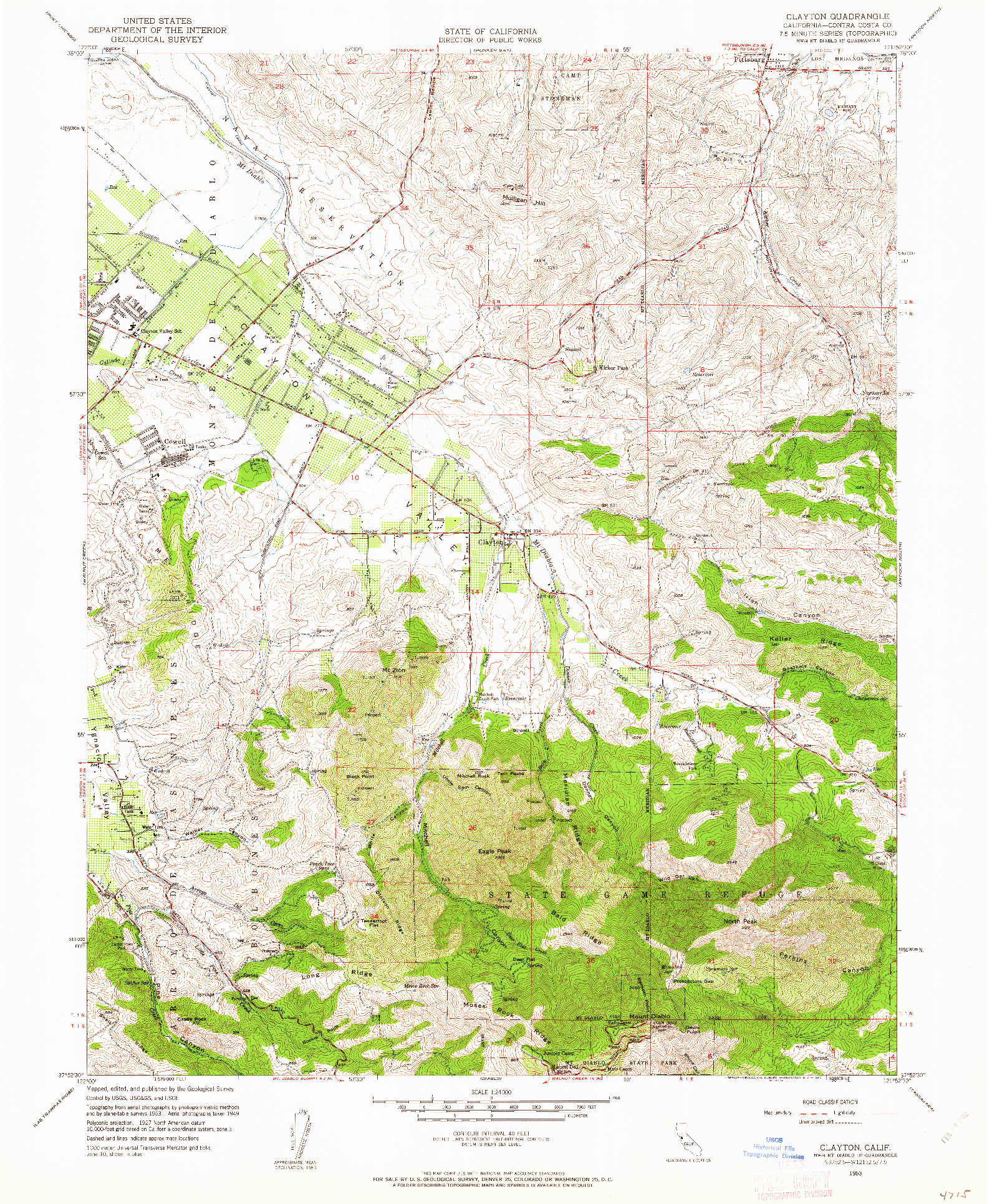 USGS 1:24000-SCALE QUADRANGLE FOR CLAYTON, CA 1953