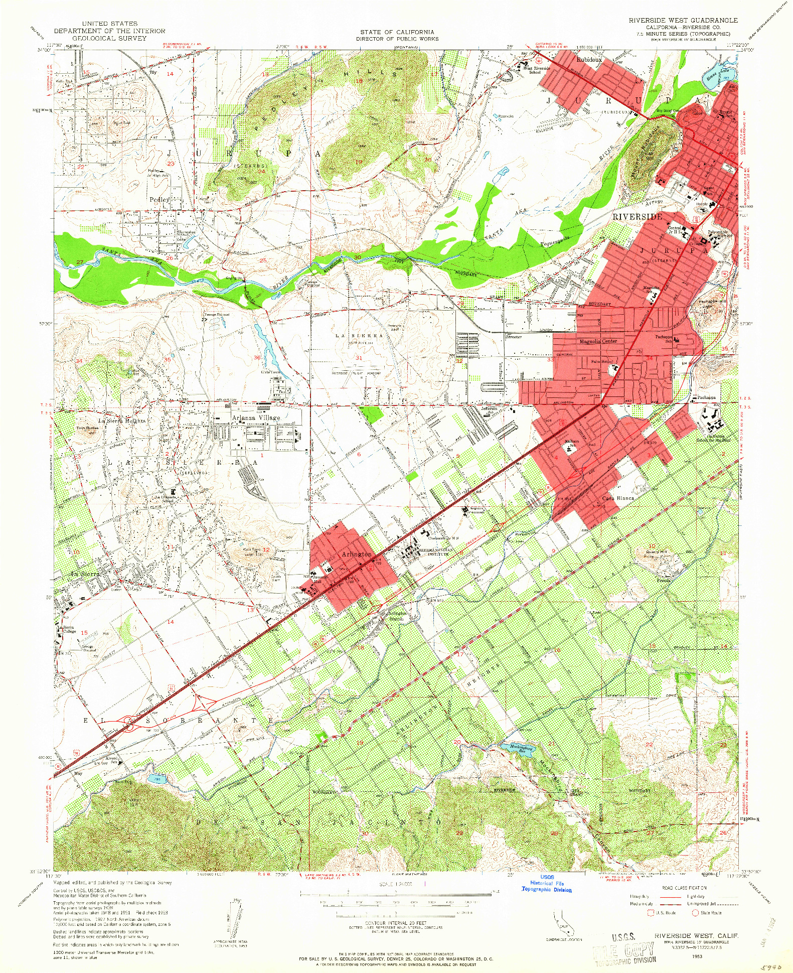 USGS 1:24000-SCALE QUADRANGLE FOR RIVERSIDE WEST, CA 1953