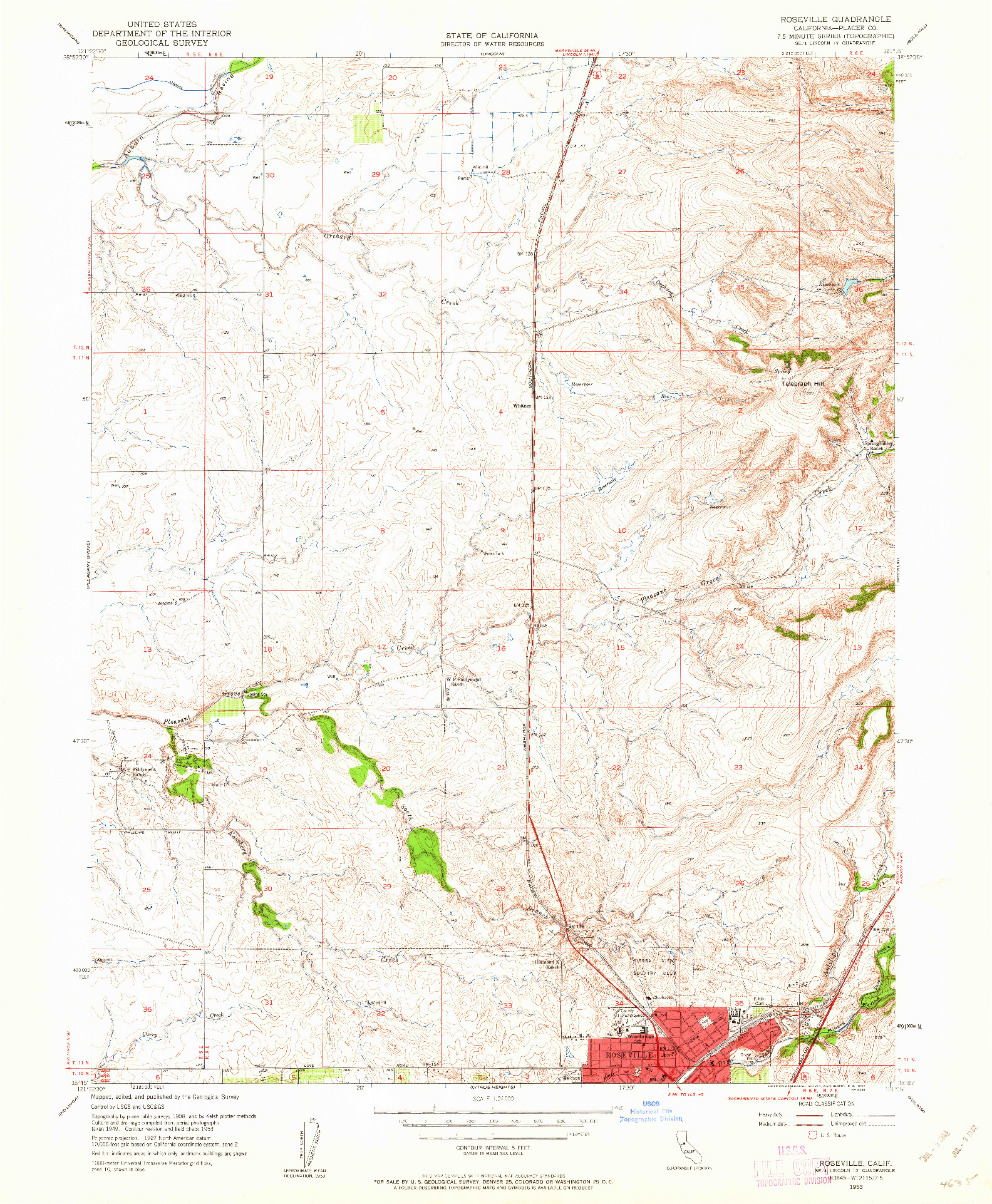 USGS 1:24000-SCALE QUADRANGLE FOR ROSEVILLE, CA 1953