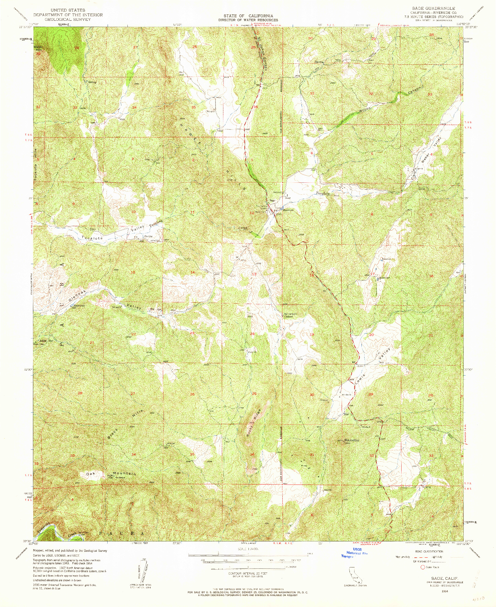 USGS 1:24000-SCALE QUADRANGLE FOR SAGE, CA 1954