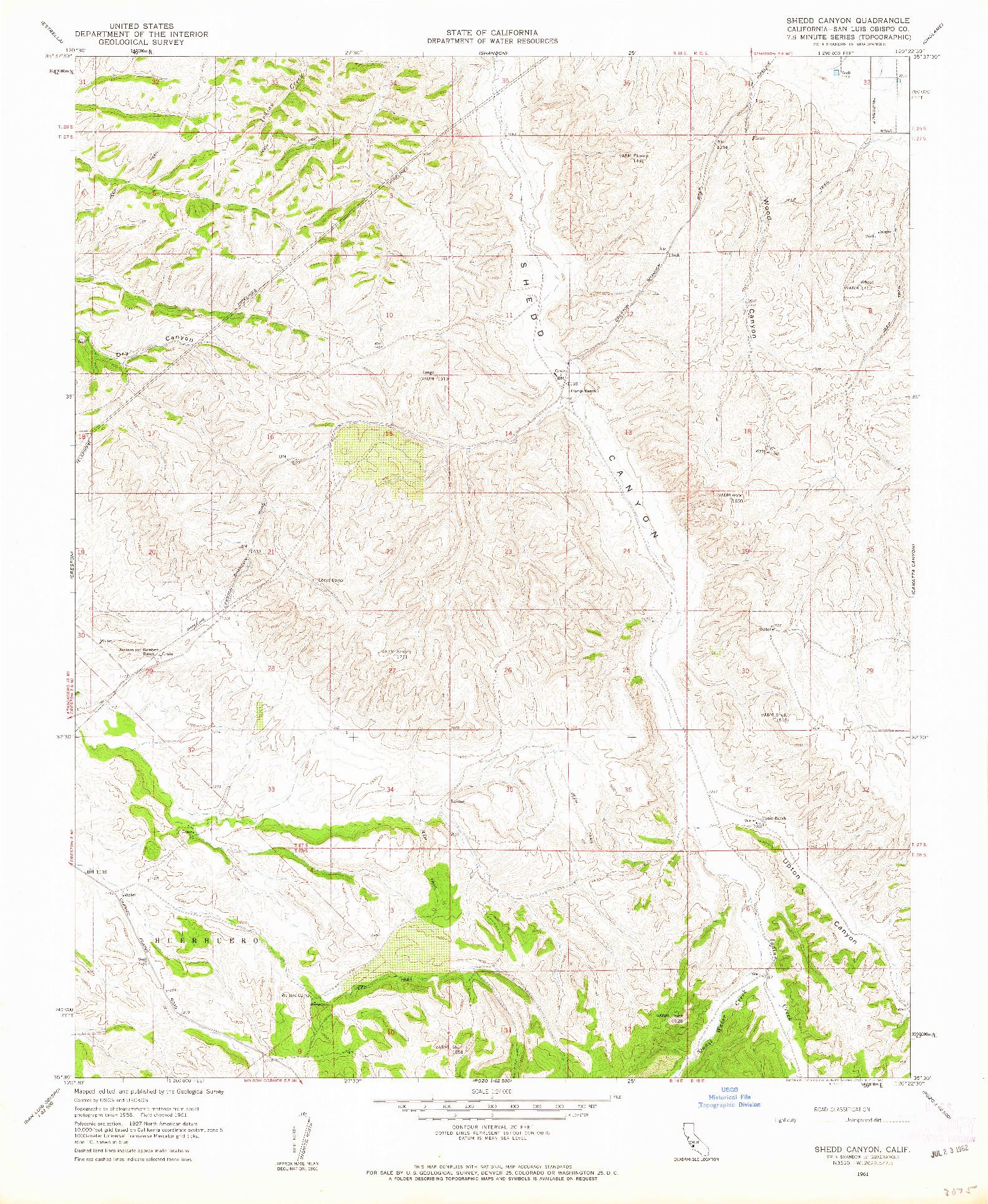 USGS 1:24000-SCALE QUADRANGLE FOR SHEDD CANYON, CA 1961
