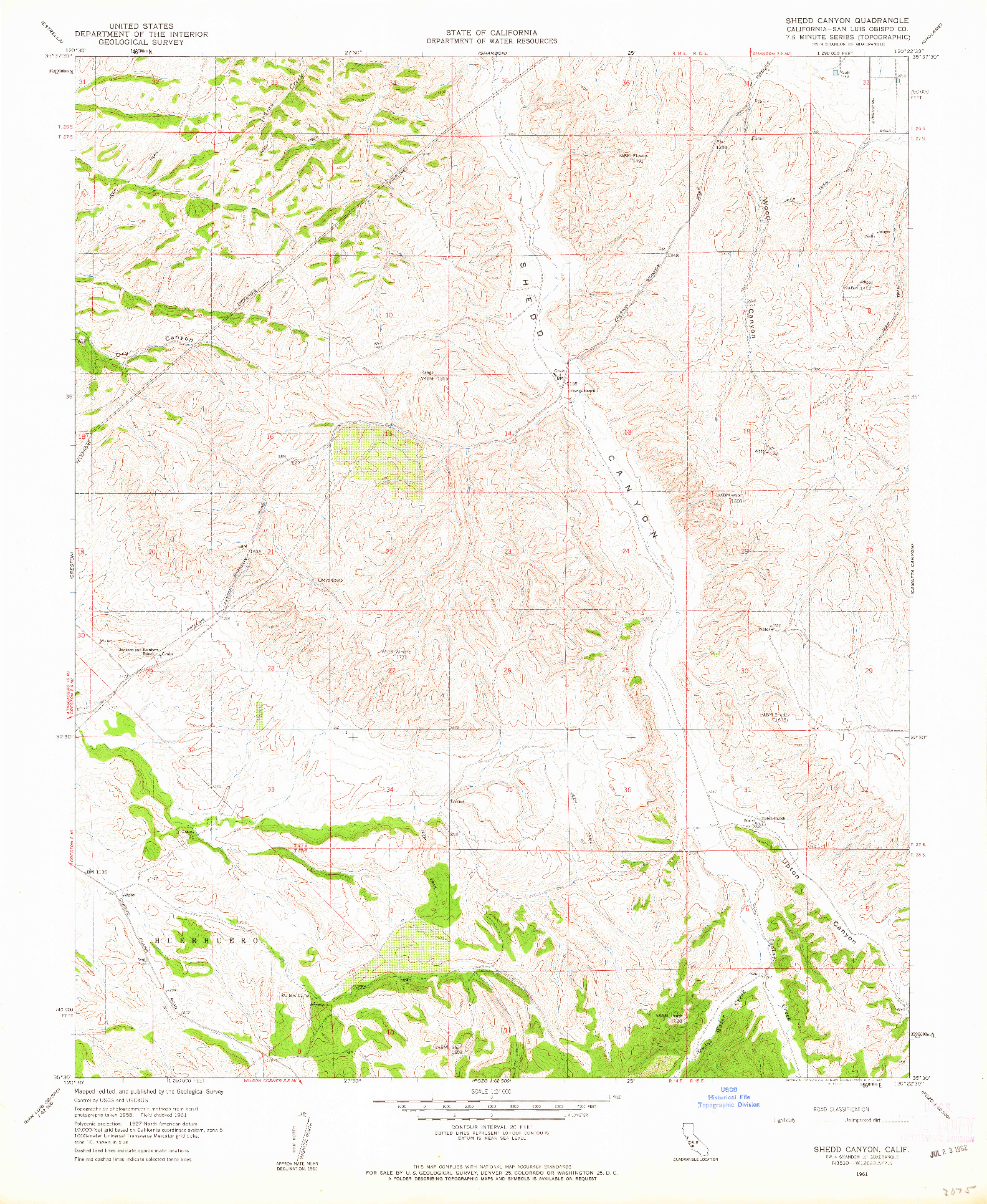 USGS 1:24000-SCALE QUADRANGLE FOR SHEDD CANYON, CA 1961