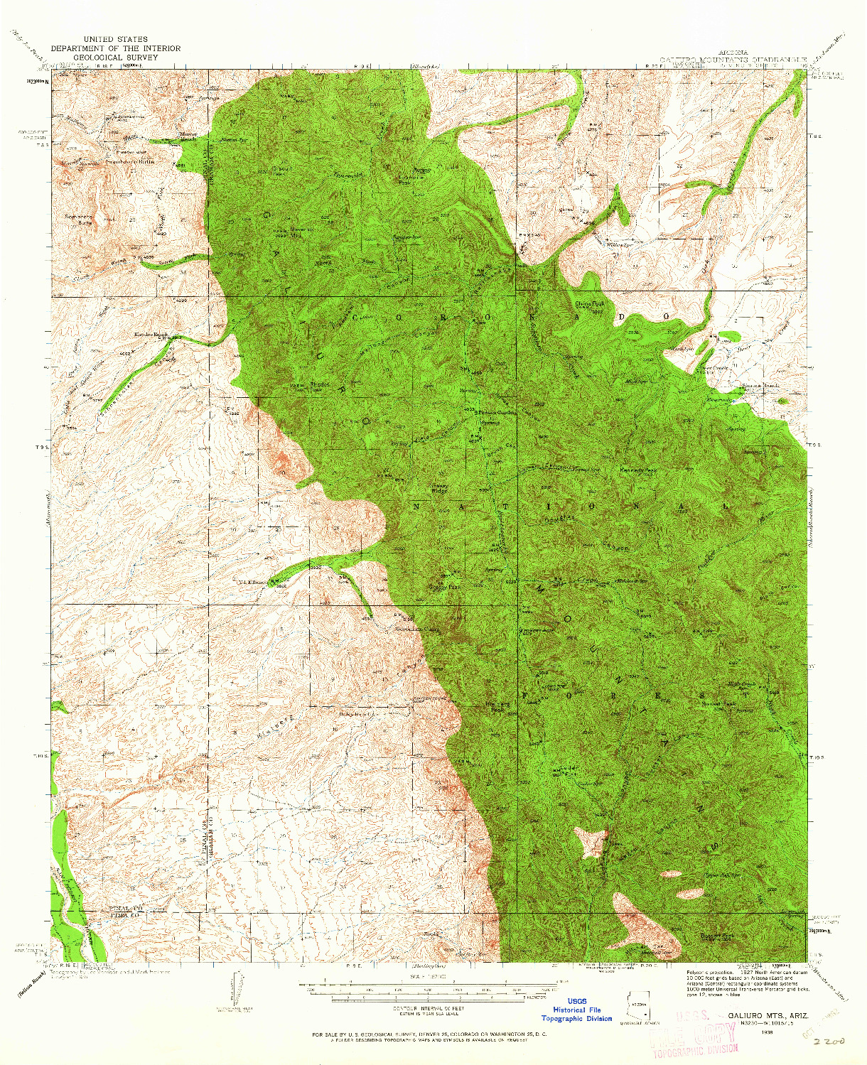 USGS 1:62500-SCALE QUADRANGLE FOR GALIURO MTS, AZ 1938