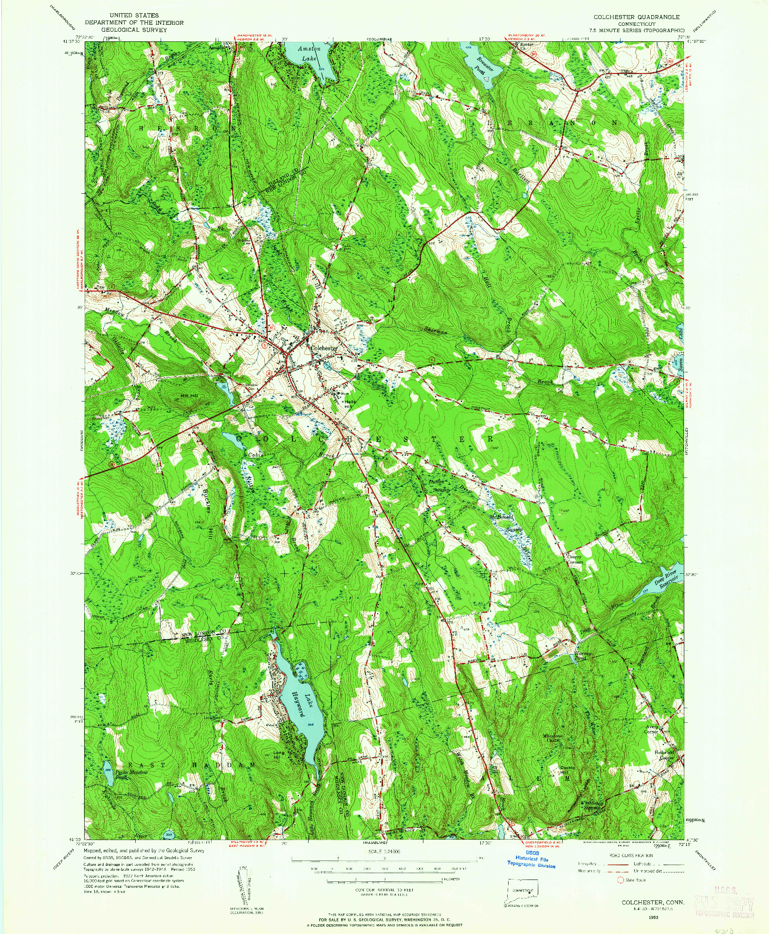 USGS 1:24000-SCALE QUADRANGLE FOR COLCHESTER, CT 1953