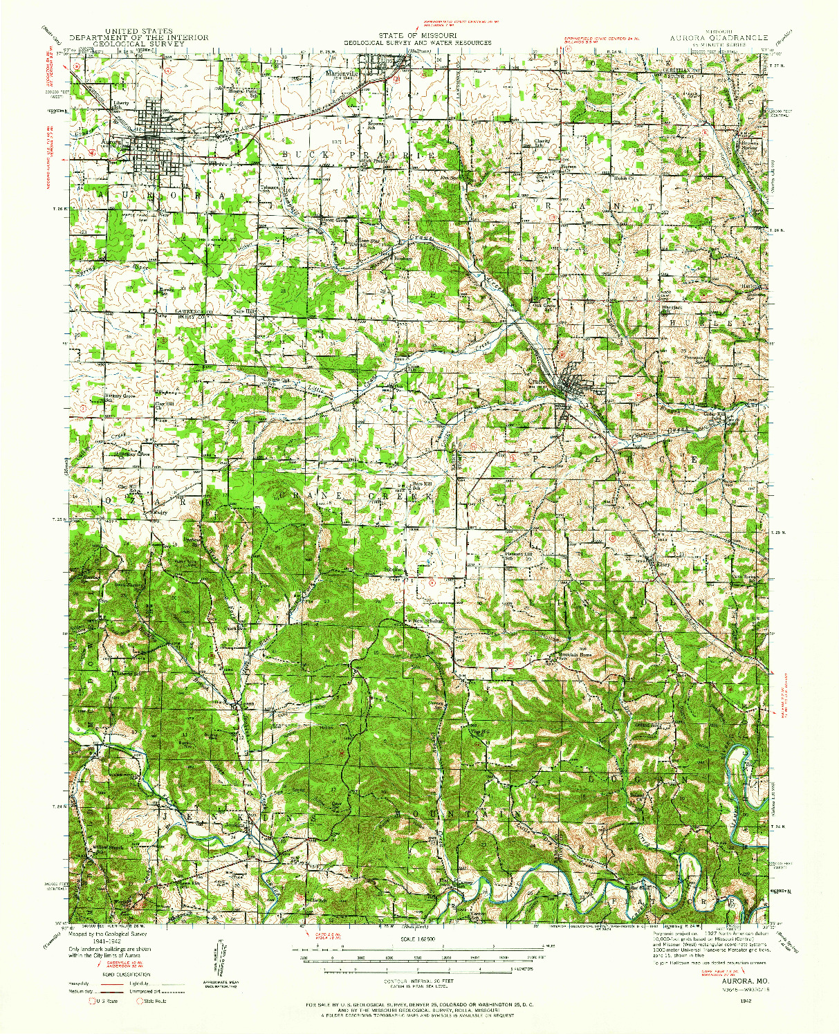 USGS 1:62500-SCALE QUADRANGLE FOR AURORA, MO 1942