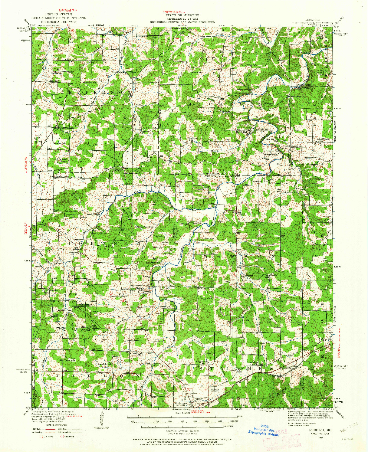 USGS 1:62500-SCALE QUADRANGLE FOR REDBIRD, MO 1934