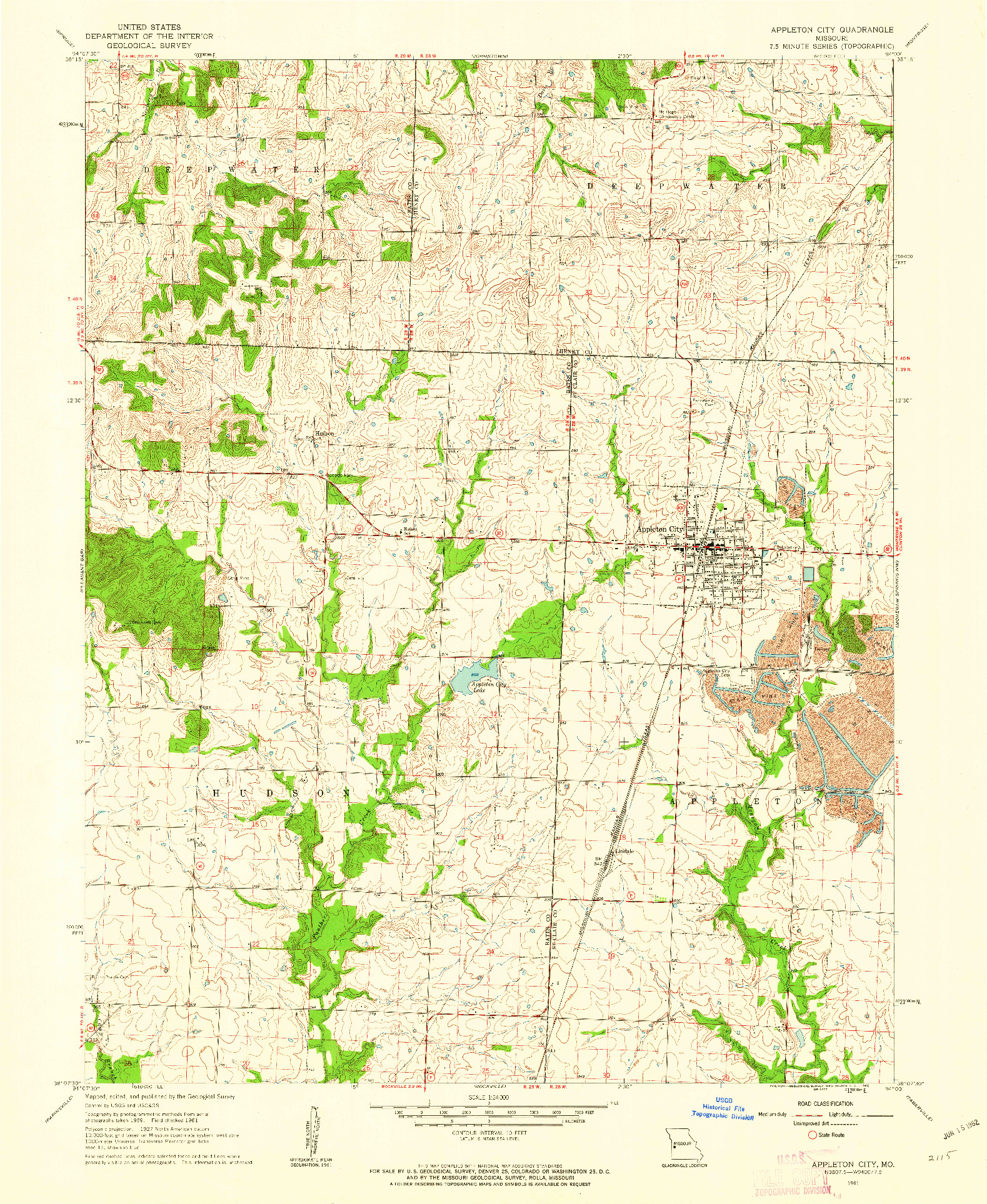 USGS 1:24000-SCALE QUADRANGLE FOR APPLETON CITY, MO 1961