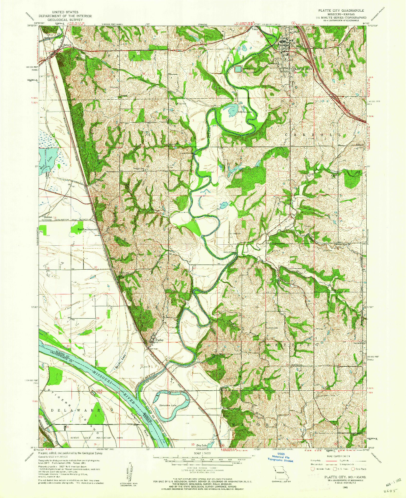 USGS 1:24000-SCALE QUADRANGLE FOR PLATTE CITY, MO 1961