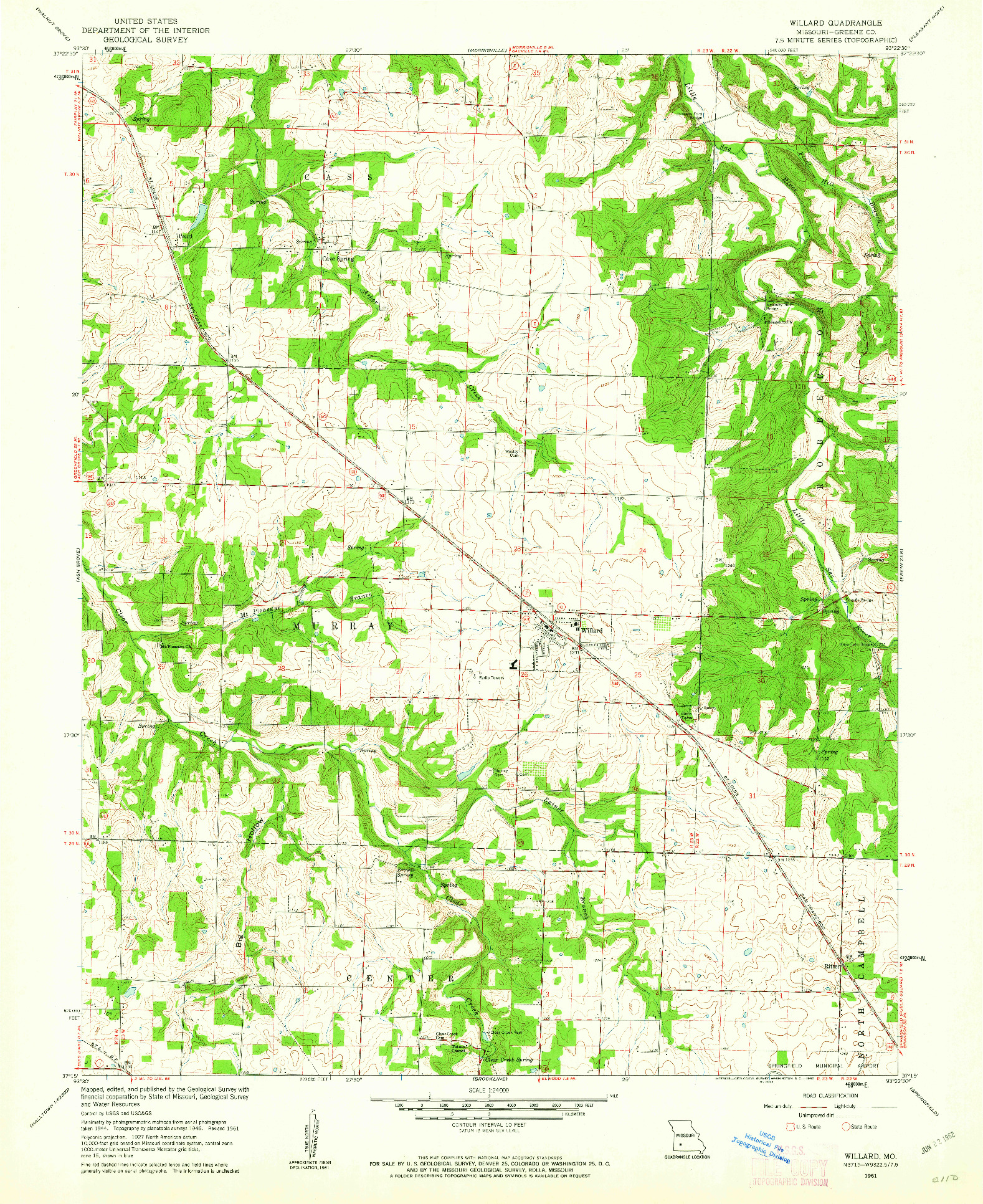 USGS 1:24000-SCALE QUADRANGLE FOR WILLARD, MO 1961