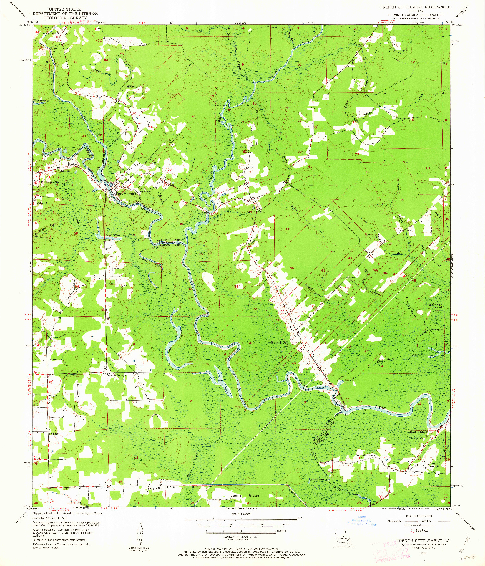 USGS 1:24000-SCALE QUADRANGLE FOR FRENCH SETTLEMENT, LA 1953