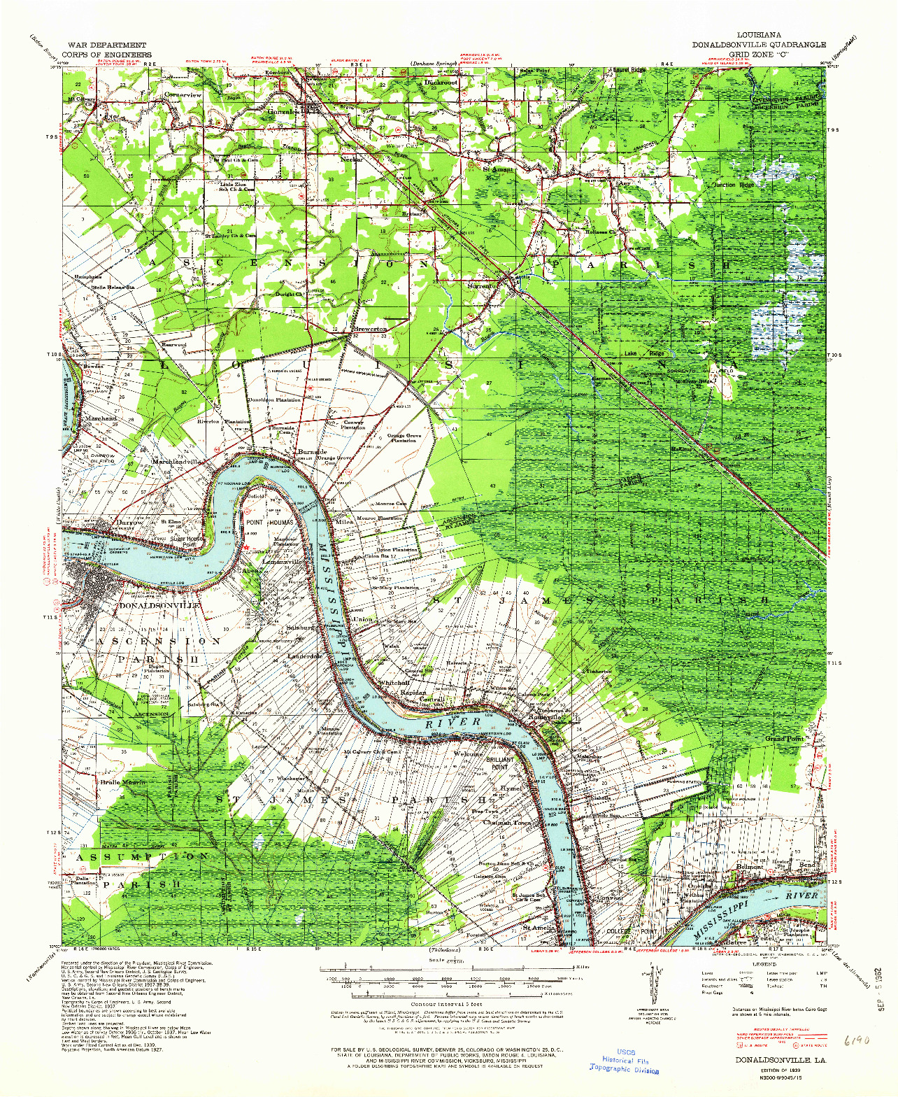 USGS 1:62500-SCALE QUADRANGLE FOR DONALDSONVILLE, LA 1939