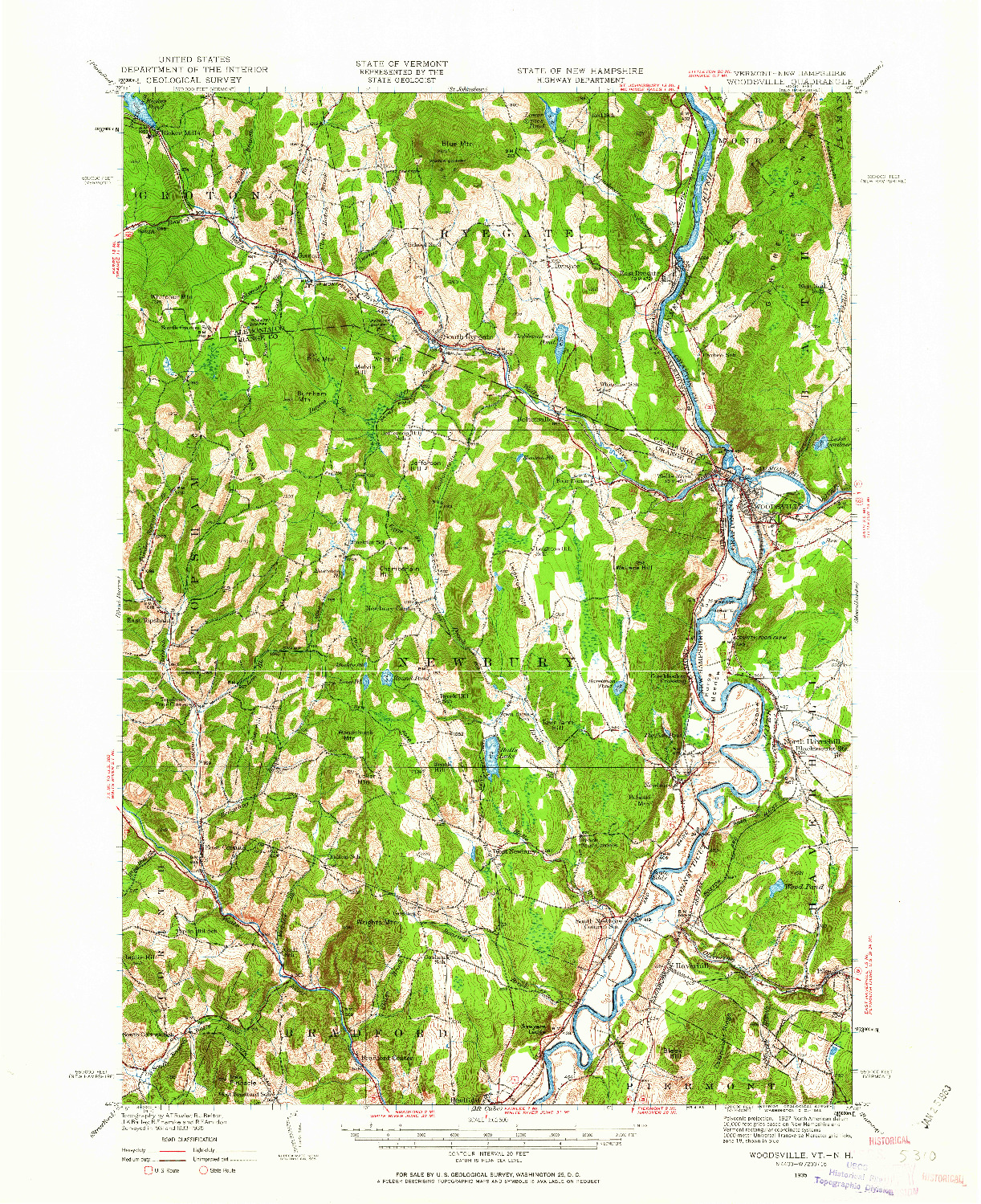 USGS 1:62500-SCALE QUADRANGLE FOR WOODSVILLE, VT 1935