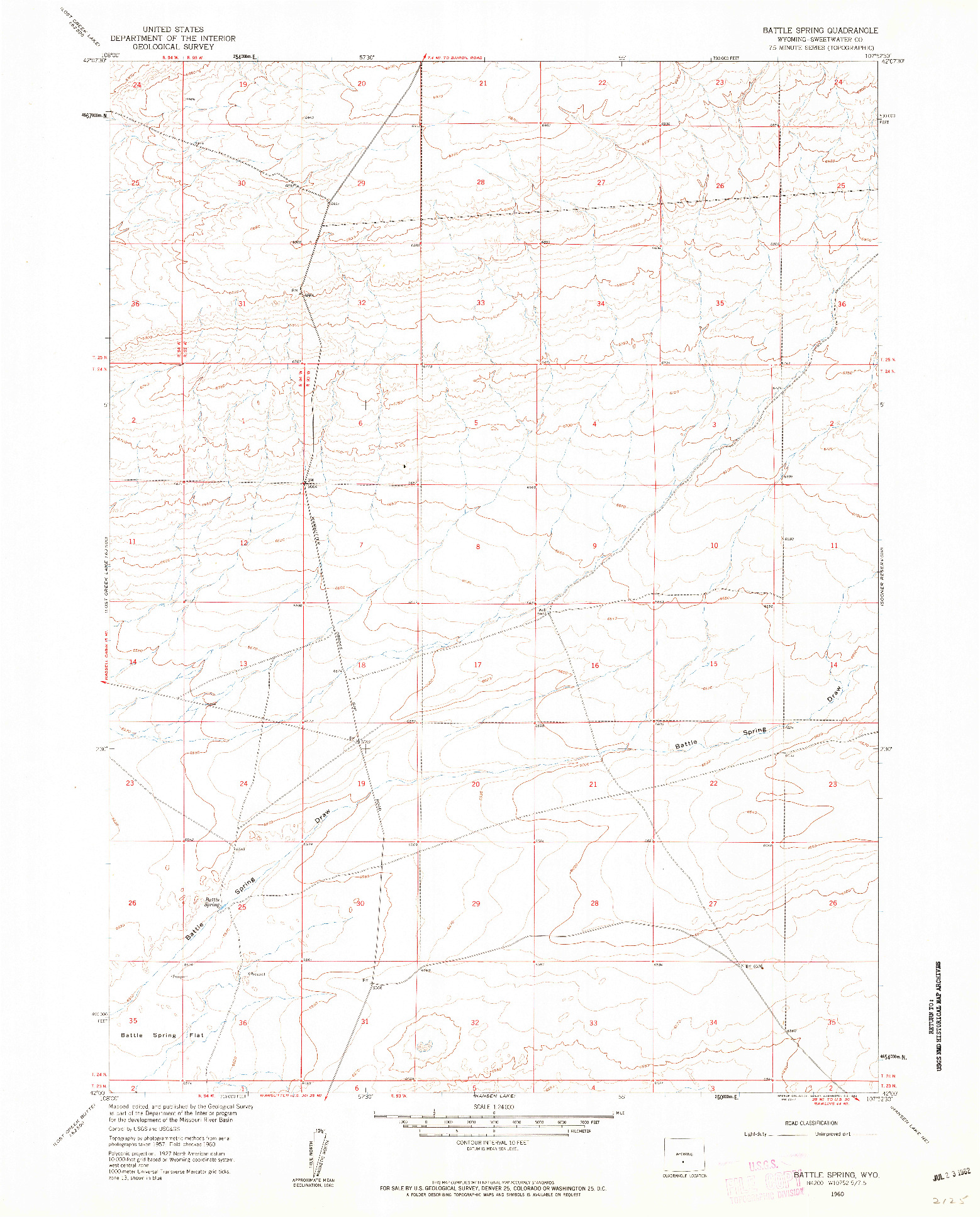 USGS 1:24000-SCALE QUADRANGLE FOR BATTLE SPRING, WY 1960