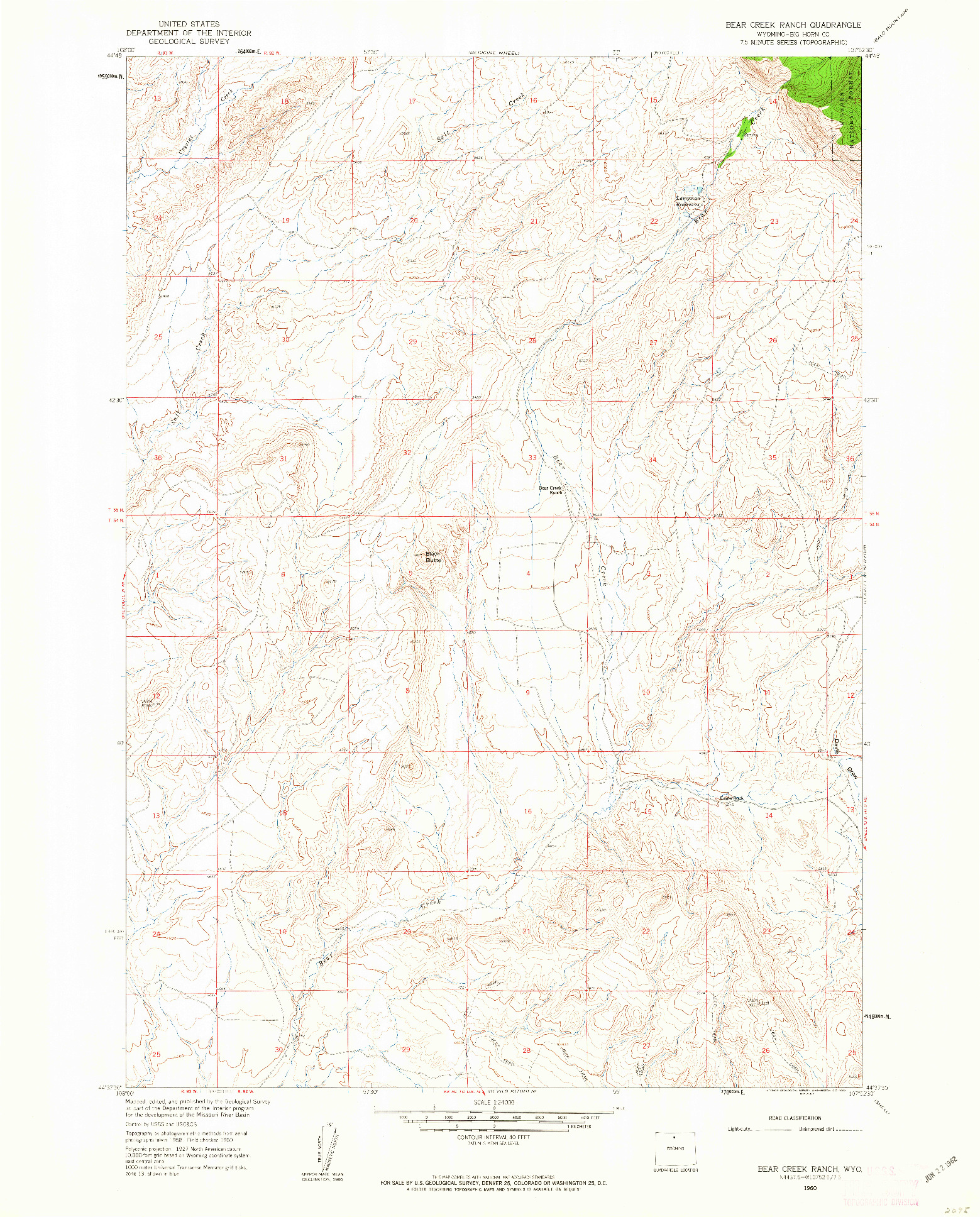 USGS 1:24000-SCALE QUADRANGLE FOR BEAR CREEK RANCH, WY 1960