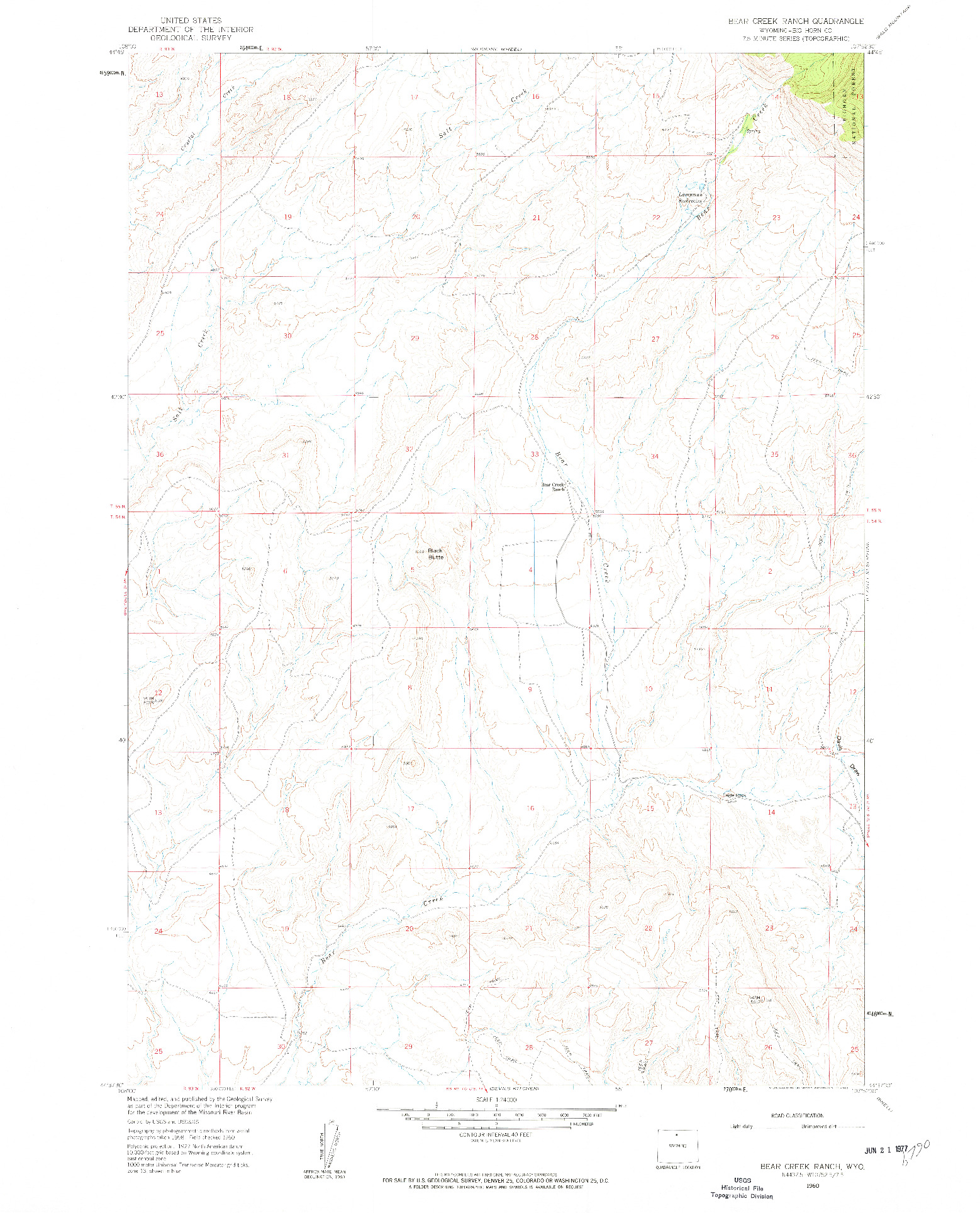 USGS 1:24000-SCALE QUADRANGLE FOR BEAR CREEK RANCH, WY 1960