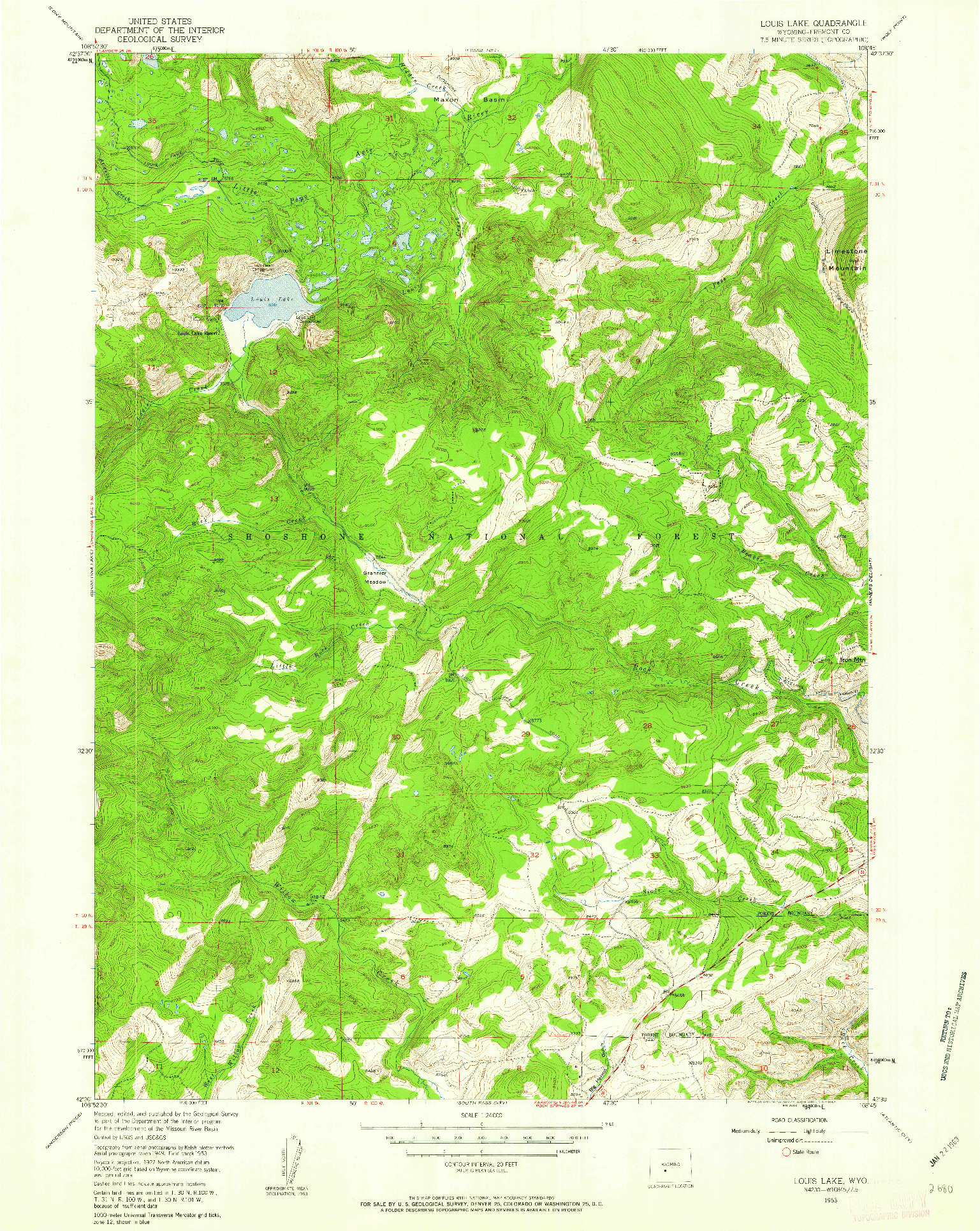 USGS 1:24000-SCALE QUADRANGLE FOR LOUIS LAKE, WY 1953