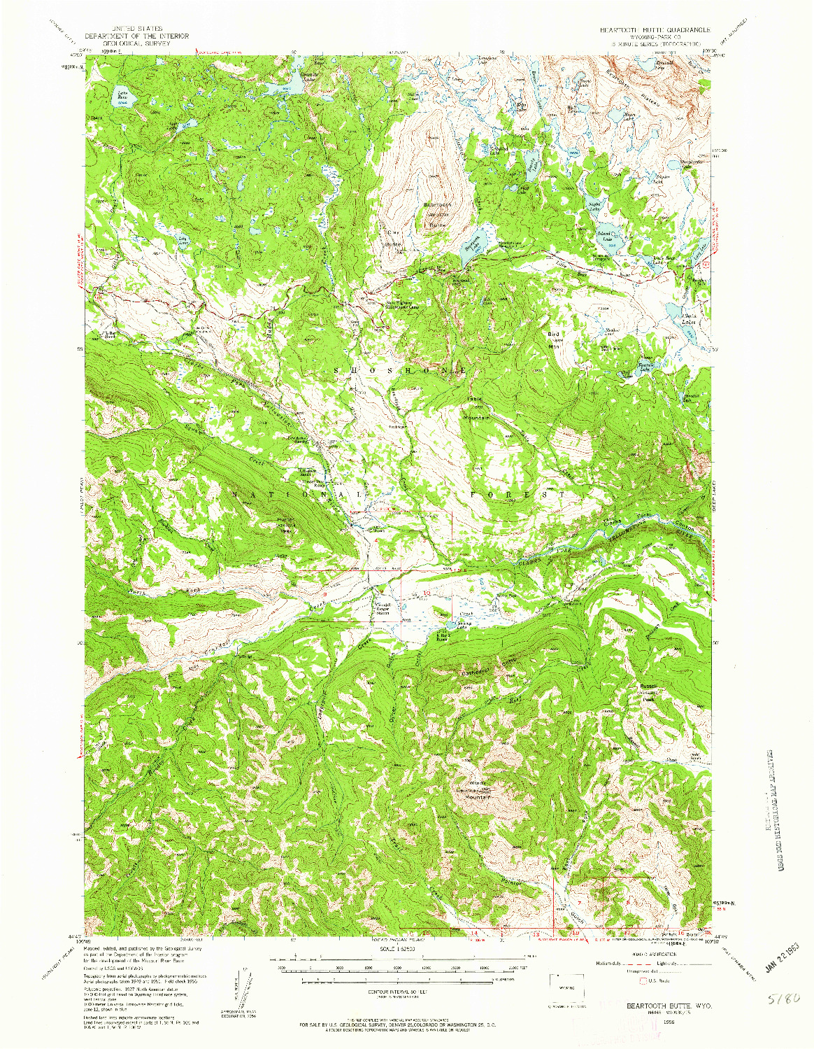 USGS 1:62500-SCALE QUADRANGLE FOR BEARTOOTH BUTTE, WY 1956