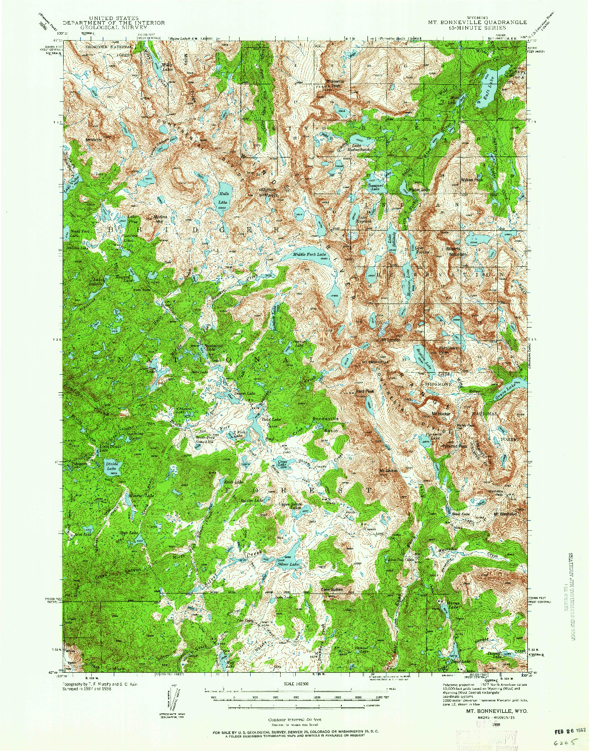 USGS 1:62500-SCALE QUADRANGLE FOR MT BONNEVILLE, WY 1938