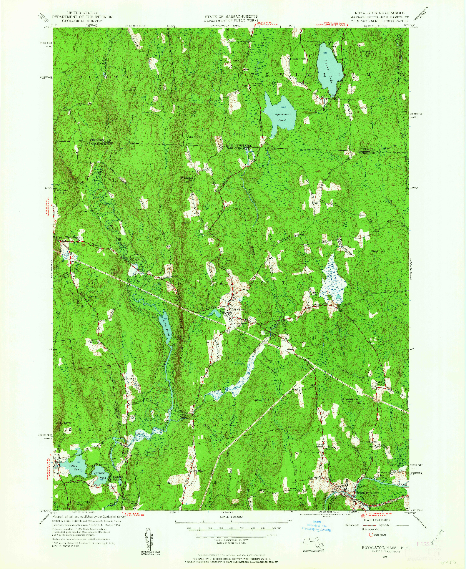 USGS 1:24000-SCALE QUADRANGLE FOR ROYALSTON, MA 1954