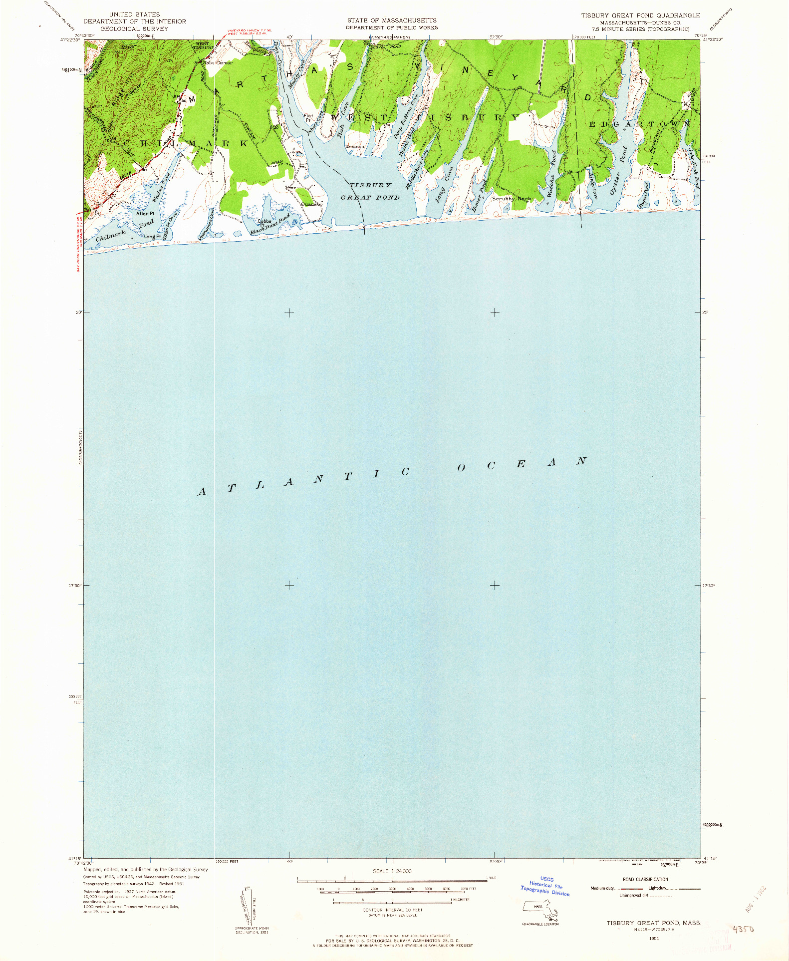 USGS 1:24000-SCALE QUADRANGLE FOR TISBURY GREAT POND, MA 1951