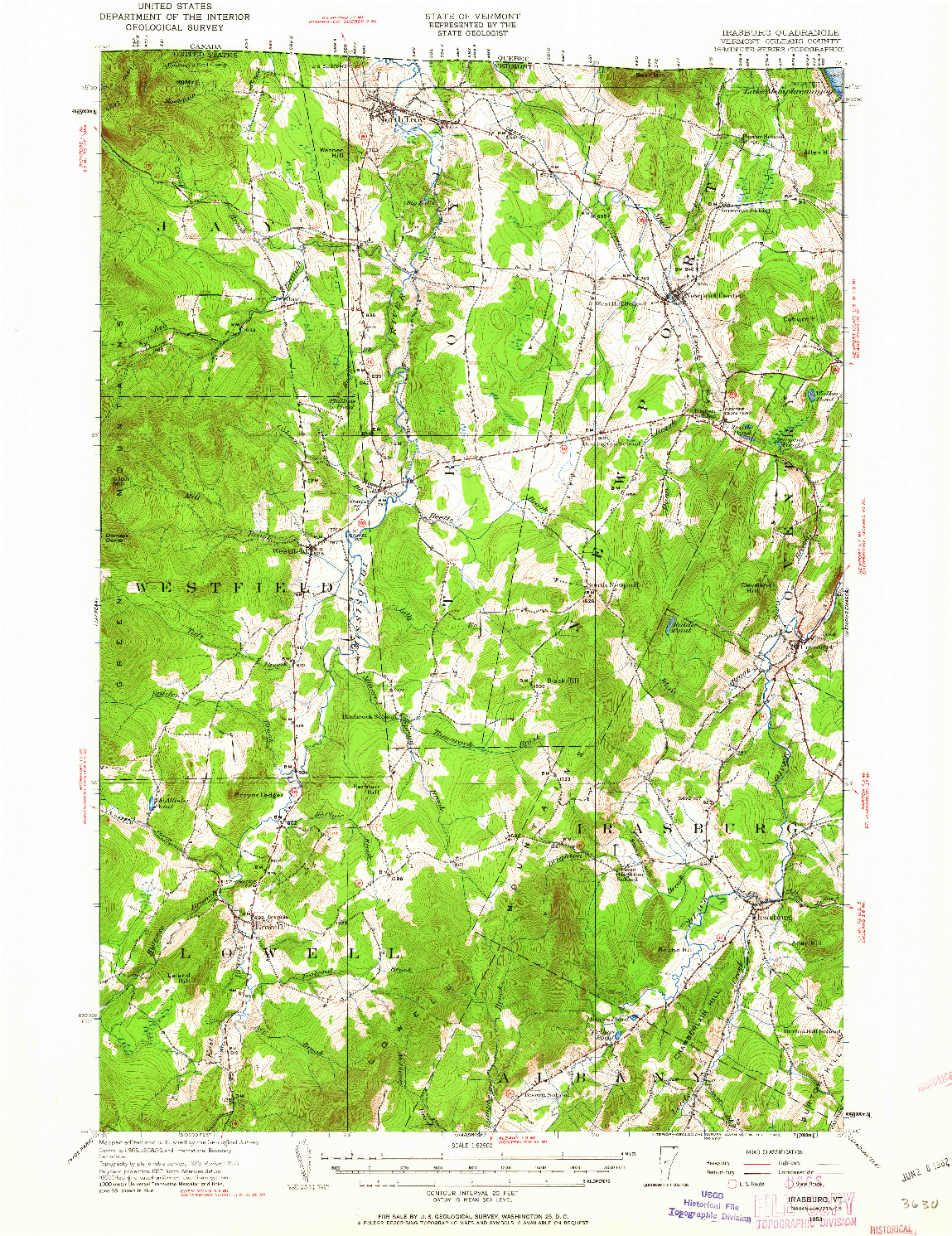 USGS 1:62500-SCALE QUADRANGLE FOR IRASBURG, VT 1953