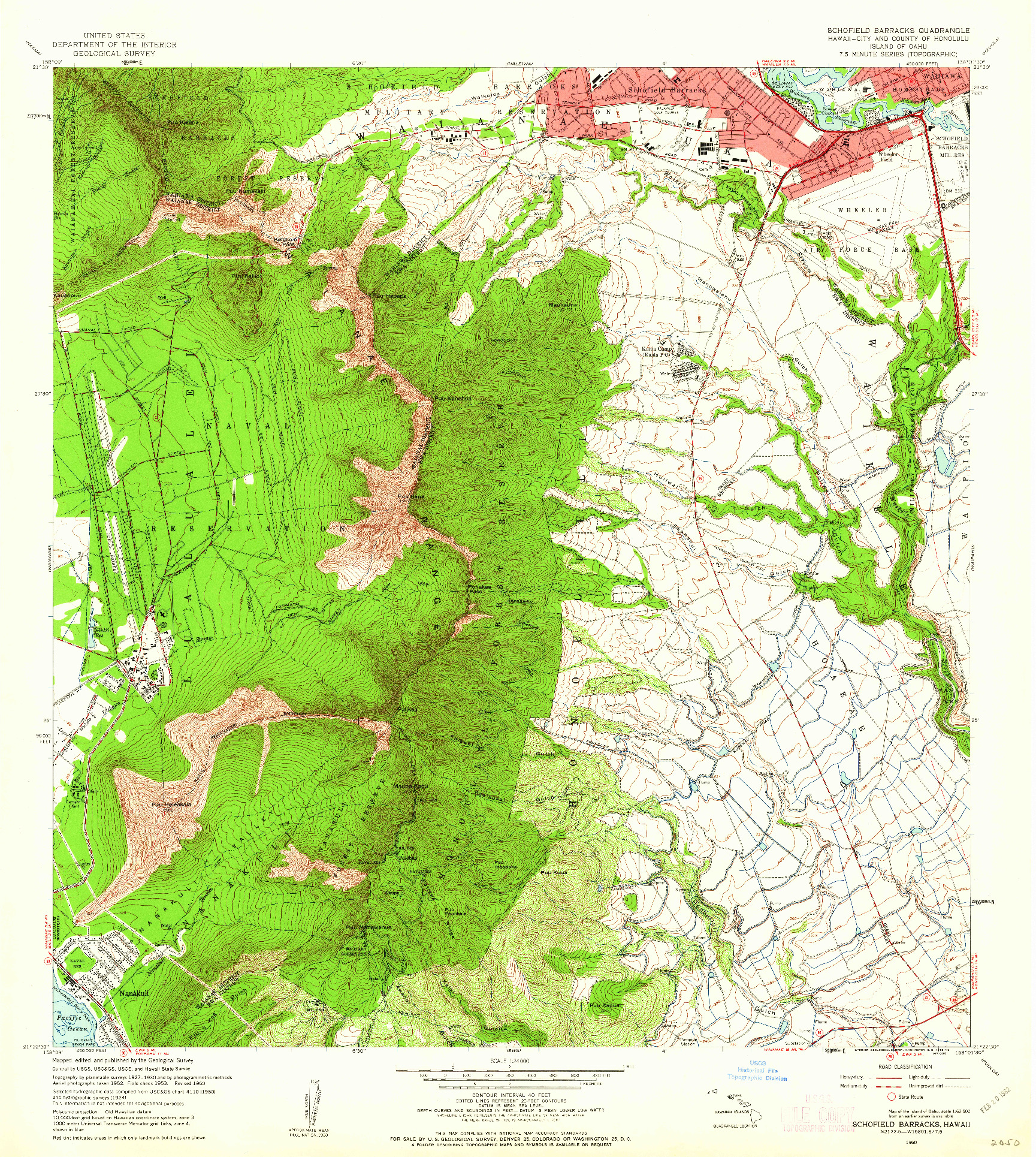 USGS 1:24000-SCALE QUADRANGLE FOR SCHOFIELD BARRACKS, HI 1960