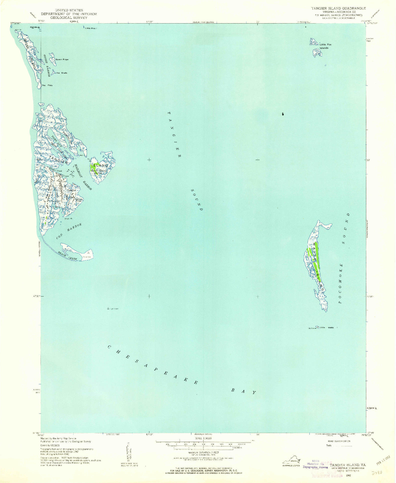 USGS 1:24000-SCALE QUADRANGLE FOR TANGIER ISLAND, VA 1942