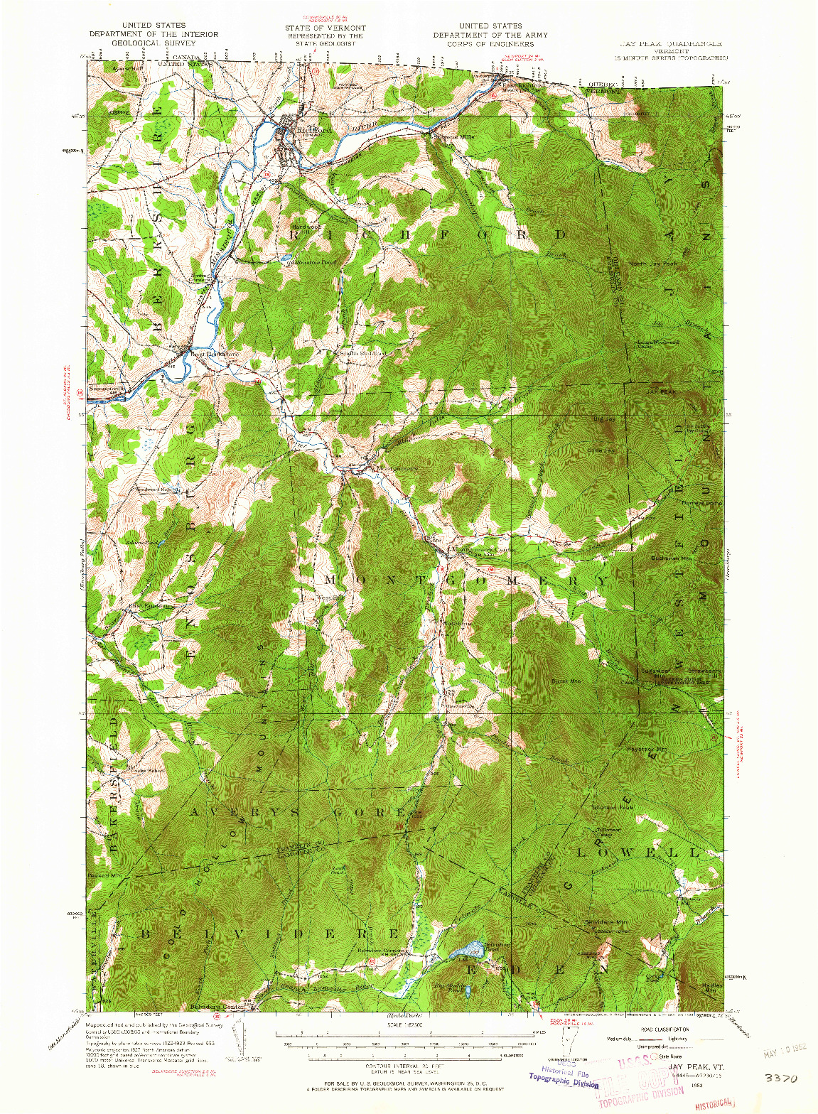 USGS 1:62500-SCALE QUADRANGLE FOR JAY PEAK, VT 1953