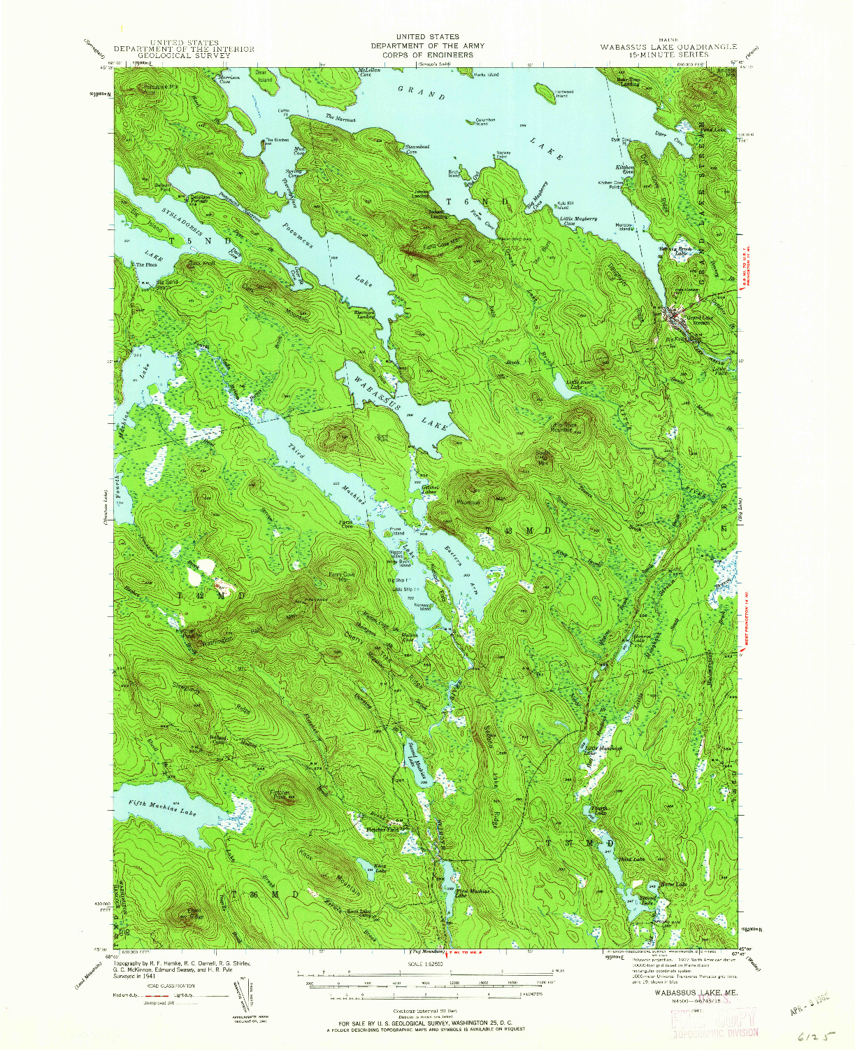 USGS 1:62500-SCALE QUADRANGLE FOR WABASSUS LAKE, ME 1941